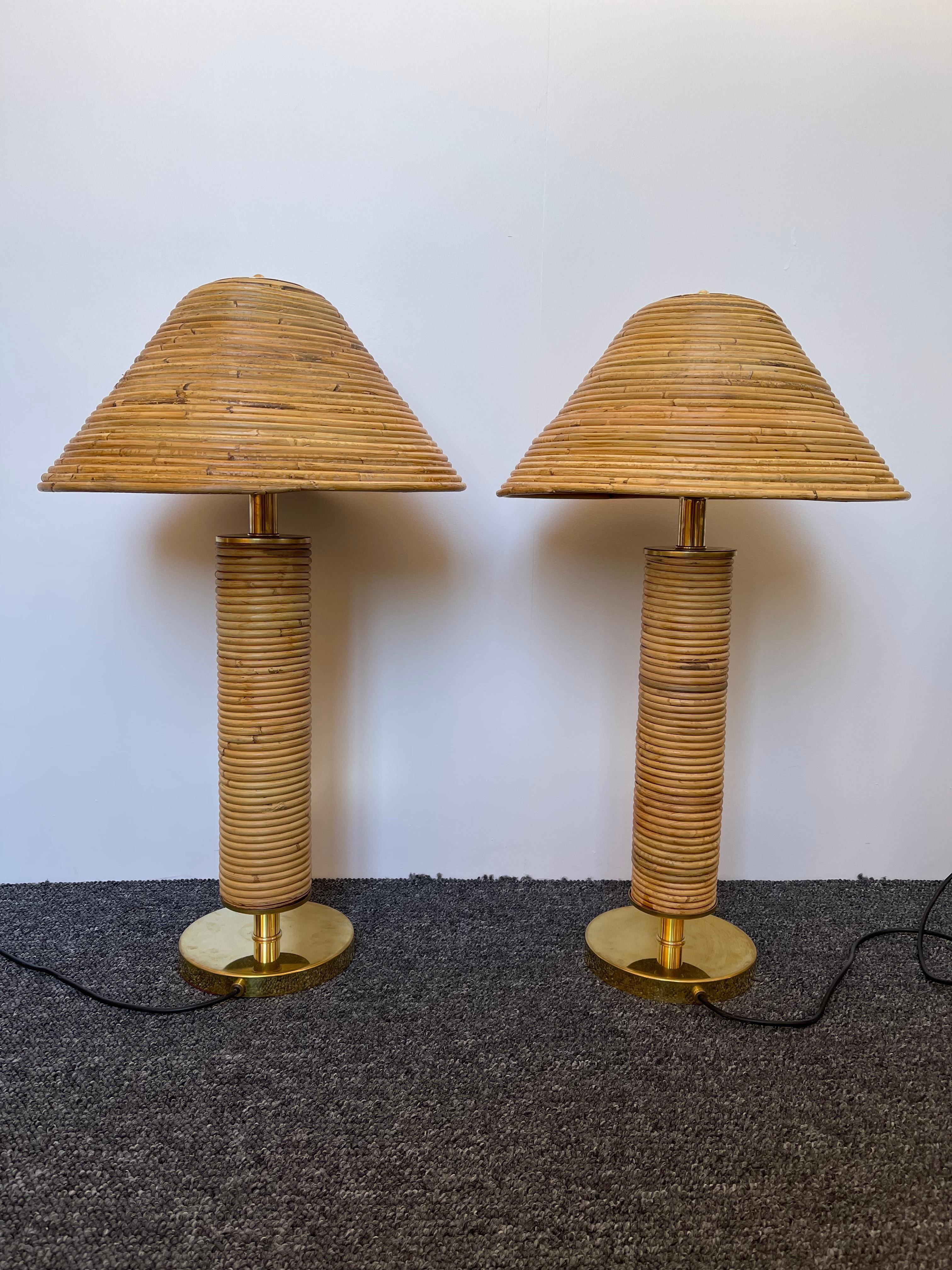 Pair of Rattan and Brass Lamps, Italy For Sale 4