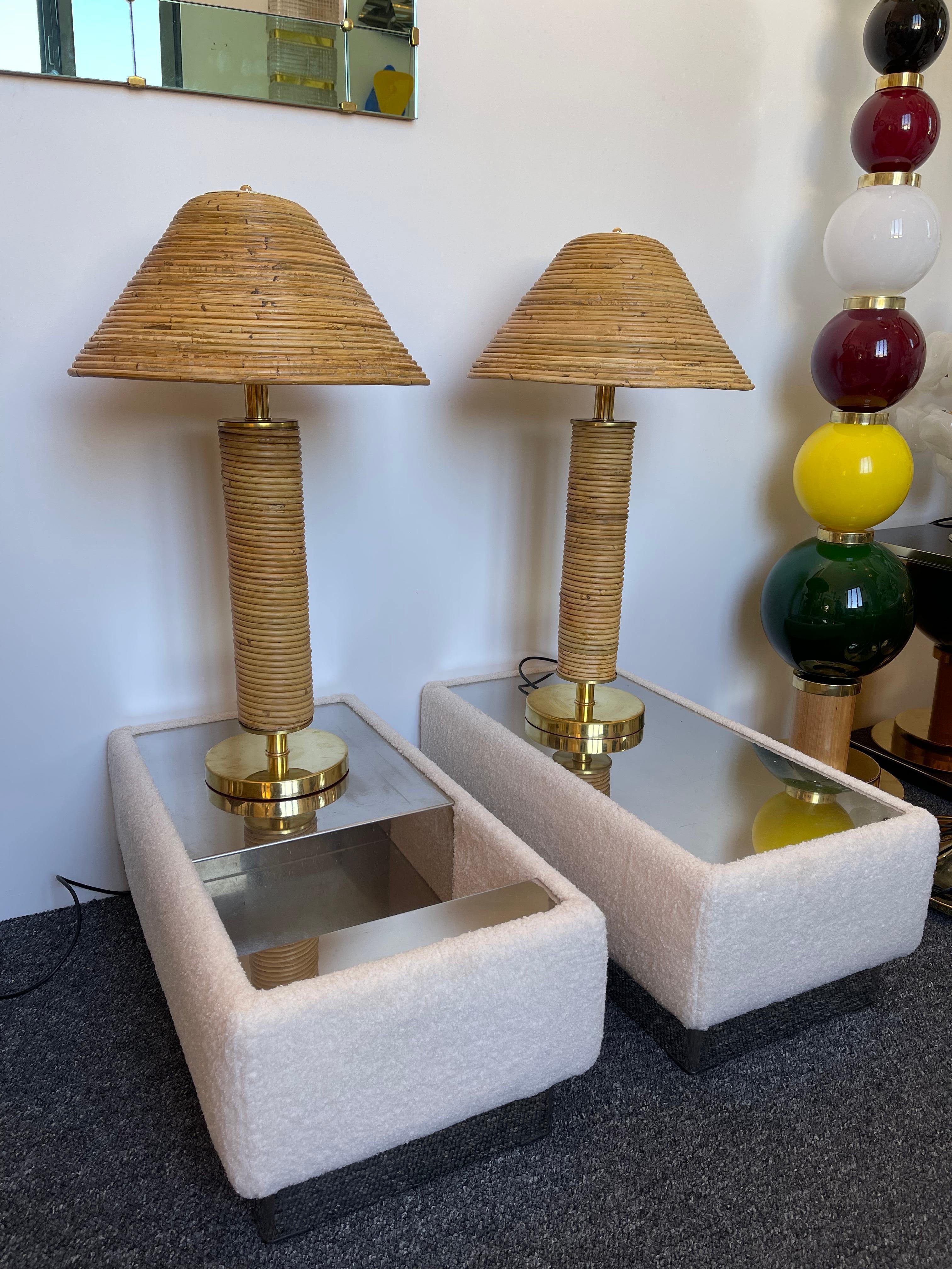 Pair of Rattan and Brass Lamps, Italy For Sale 7