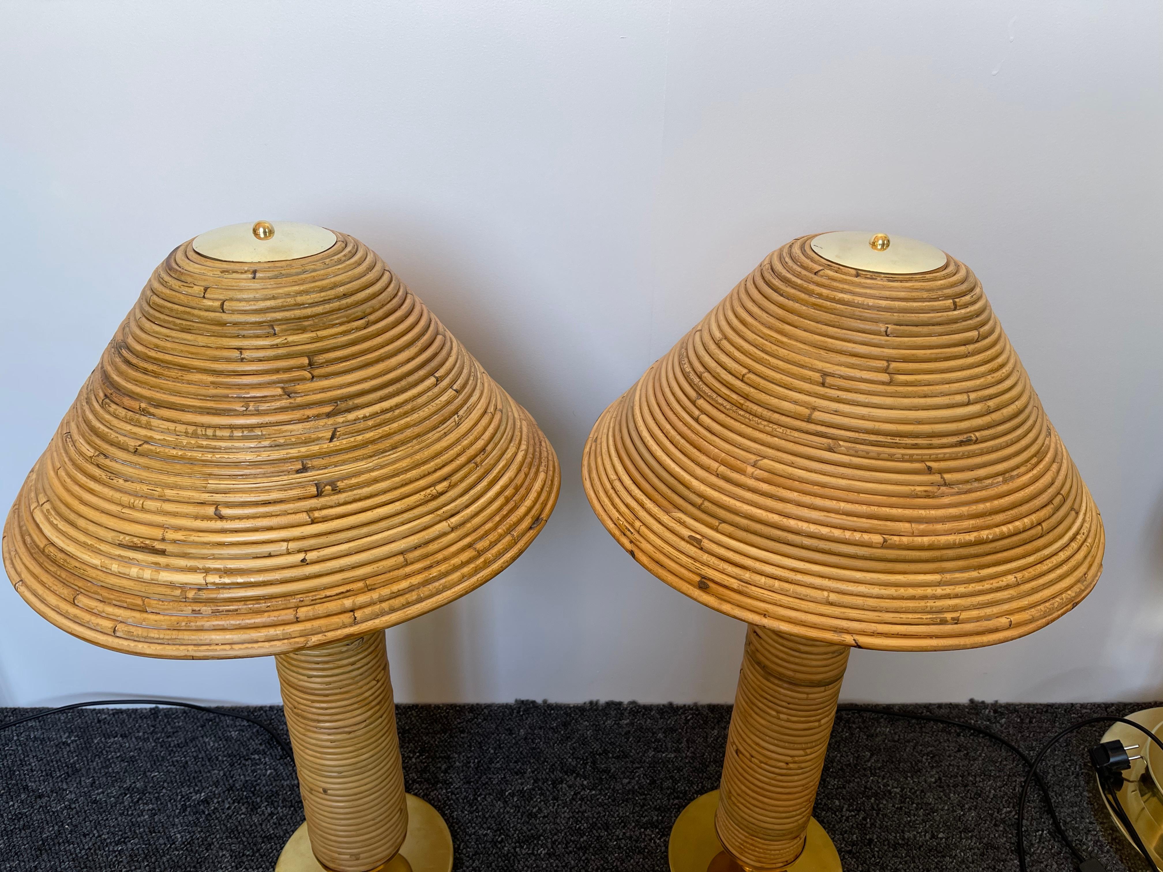 Pair of Rattan and Brass Lamps, Italy For Sale 1