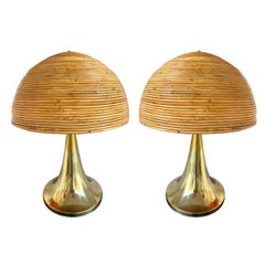 Pair of Rattan and Brass Lamps, Italy