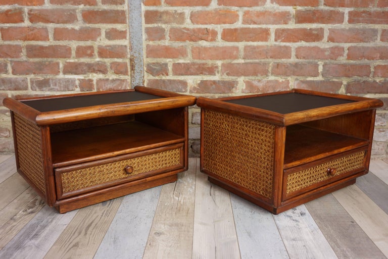 Pair of Rattan and Cane Bedside Tables at 1stDibs