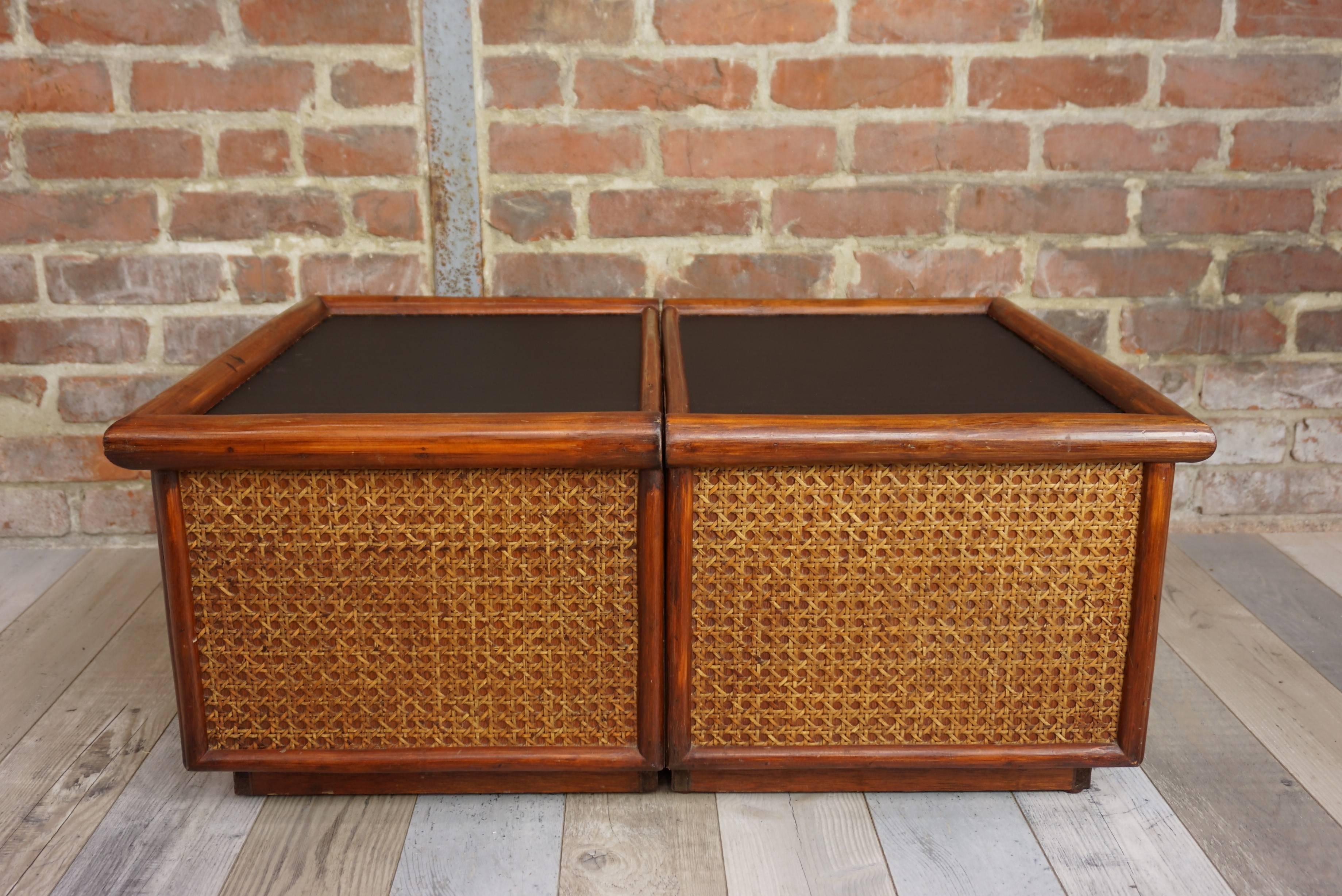 Mid-Century Modern Pair of Rattan and Cane Bedside Tables