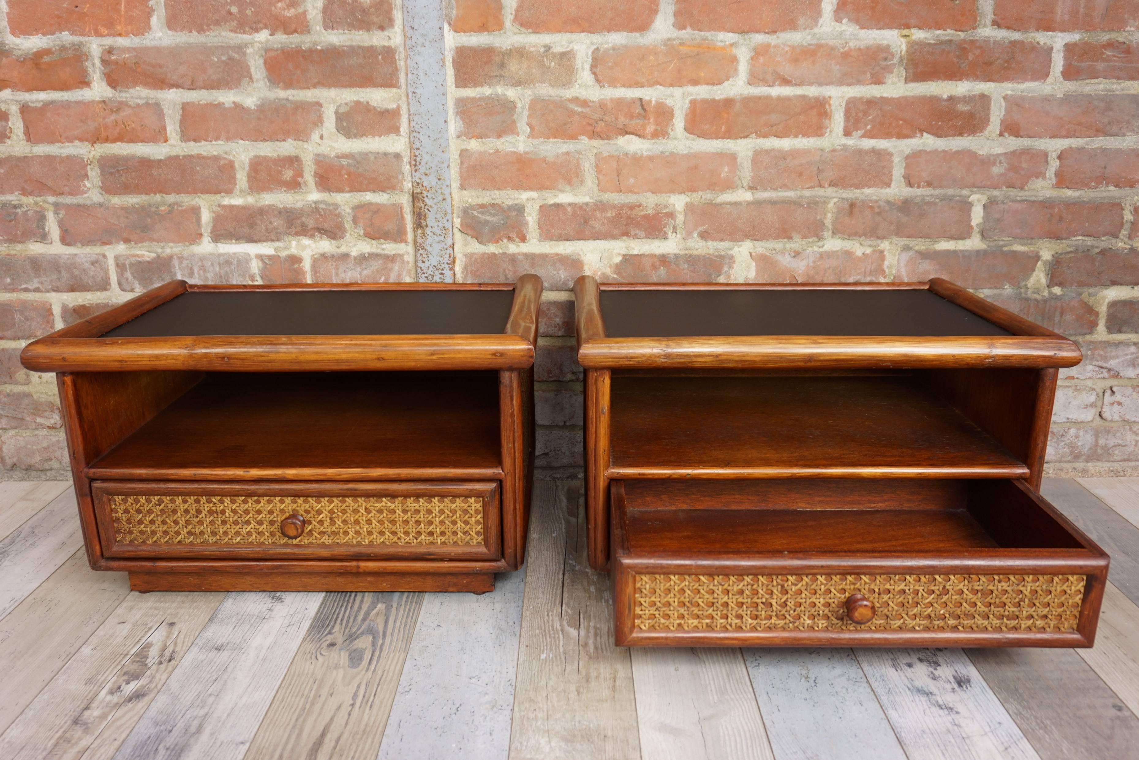 European Pair of Rattan and Cane Bedside Tables