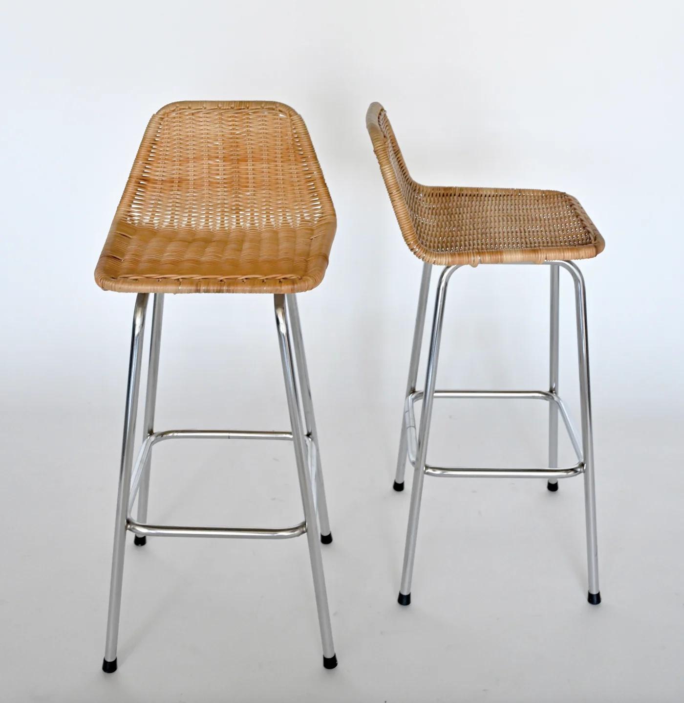 Pair of rattan and chrome counterstools by Dirk van Sliedregt for Rohe Noordwolde. Netherlands circa 1960's. 