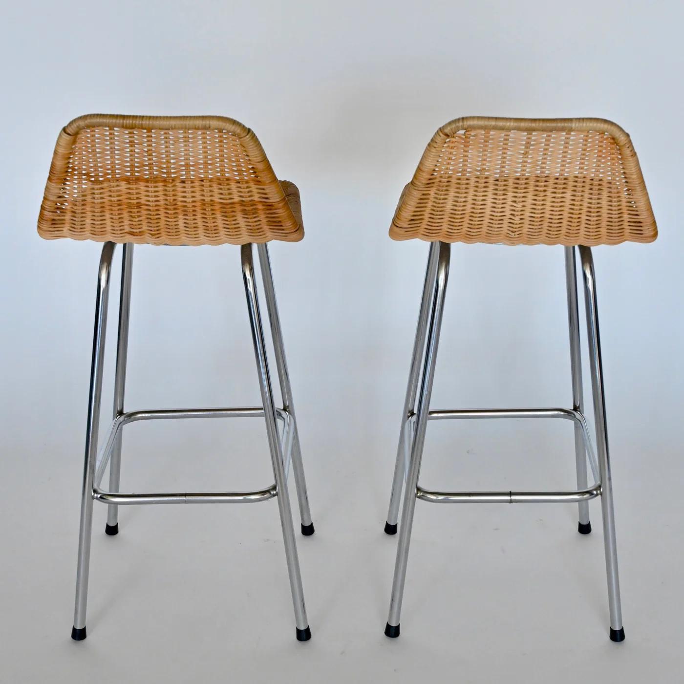 Dutch Pair of rattan and chrome counterstools by Dirk van Sliedregt for Rohe Noordwold For Sale