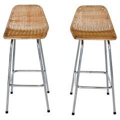 Vintage Pair of rattan and chrome counterstools by Dirk van Sliedregt for Rohe Noordwold