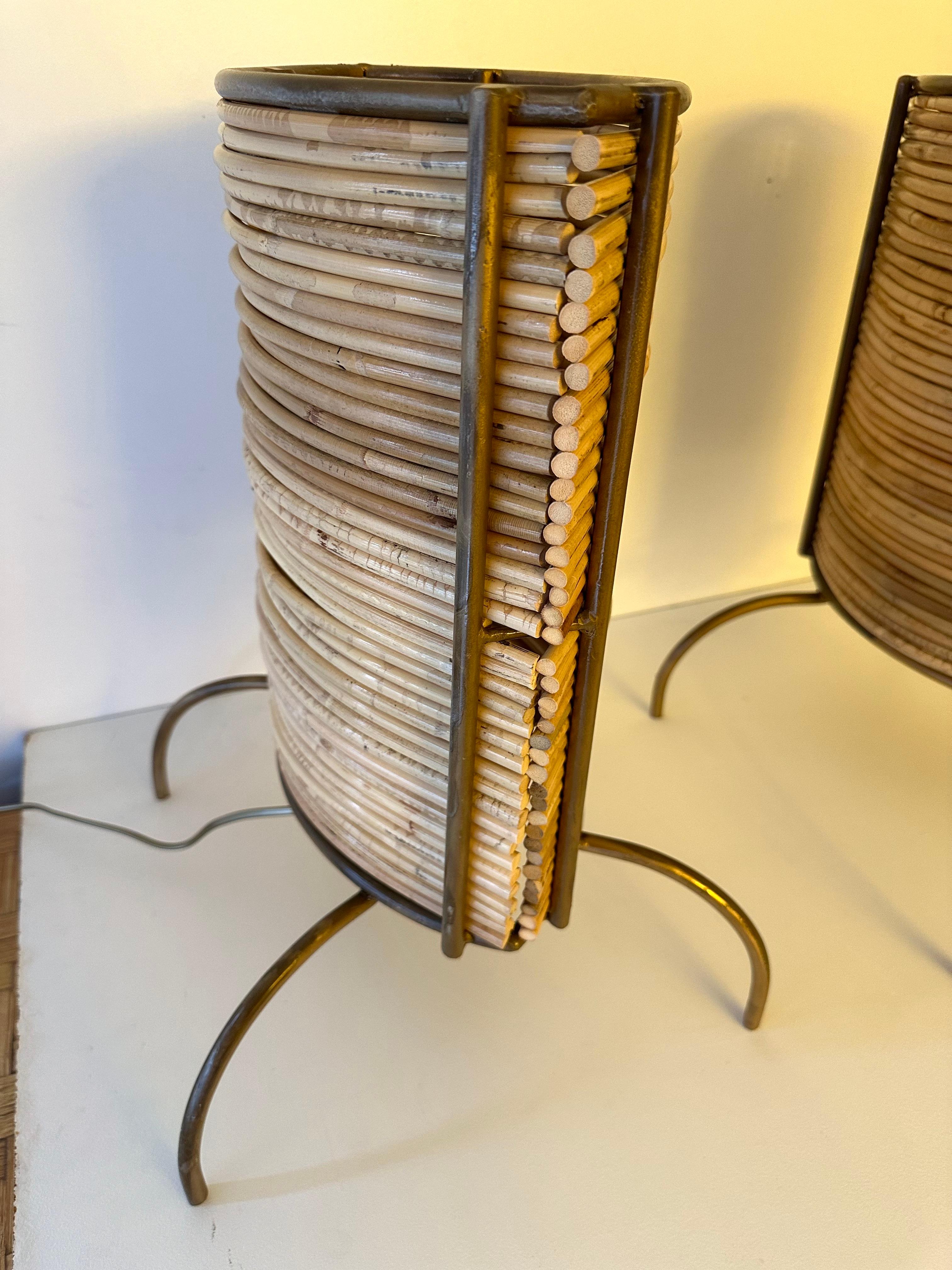 Pair of Rattan and Gilt Metal Lamps. Italy, 2000s For Sale 3