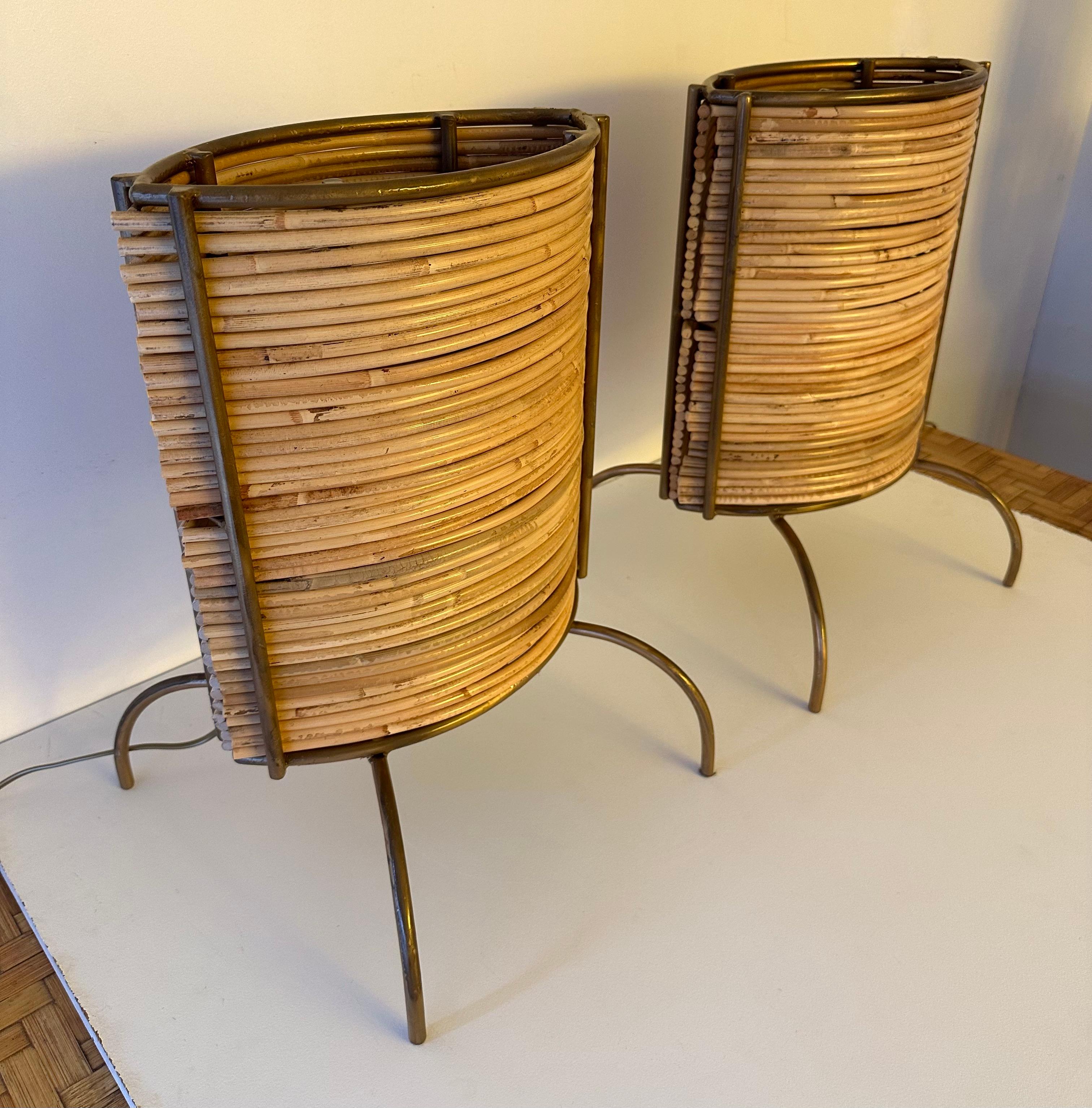 Pair of Rattan and Gilt Metal Lamps. Italy, 2000s For Sale 4