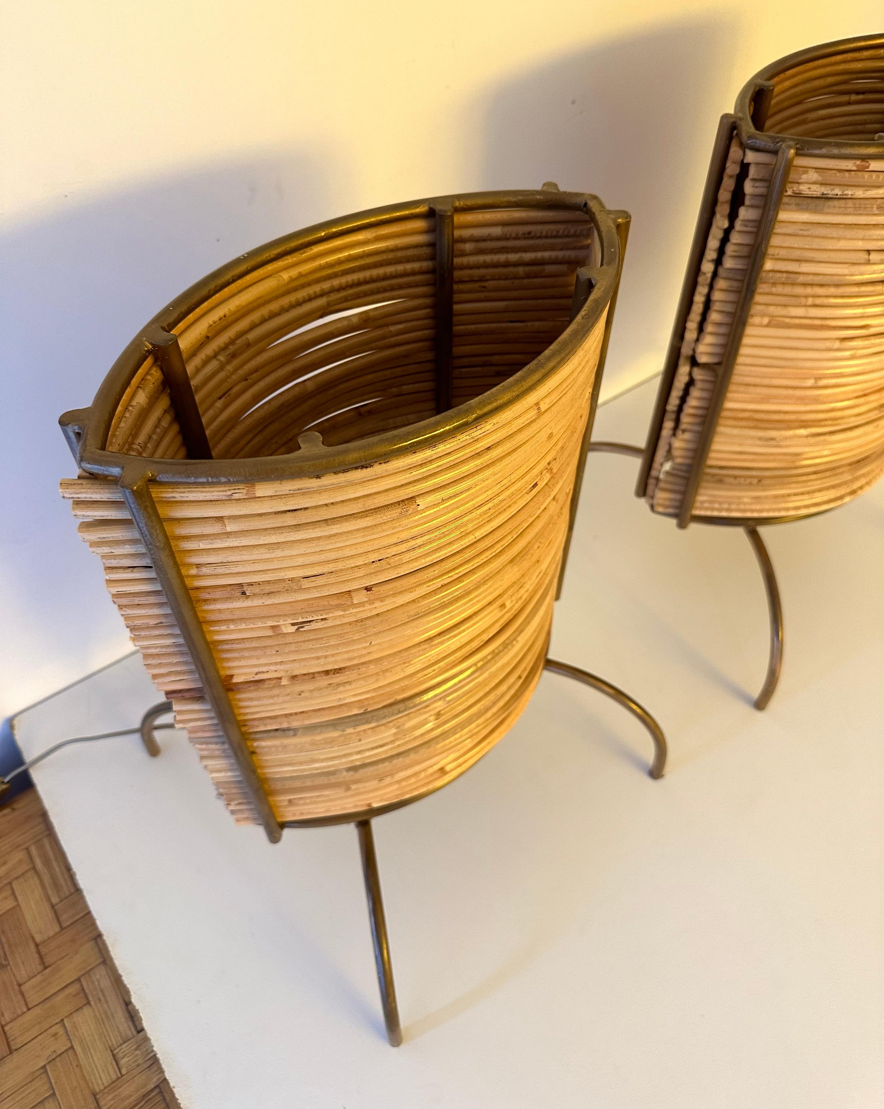 Pair of Rattan and Gilt Metal Lamps. Italy, 2000s For Sale 5