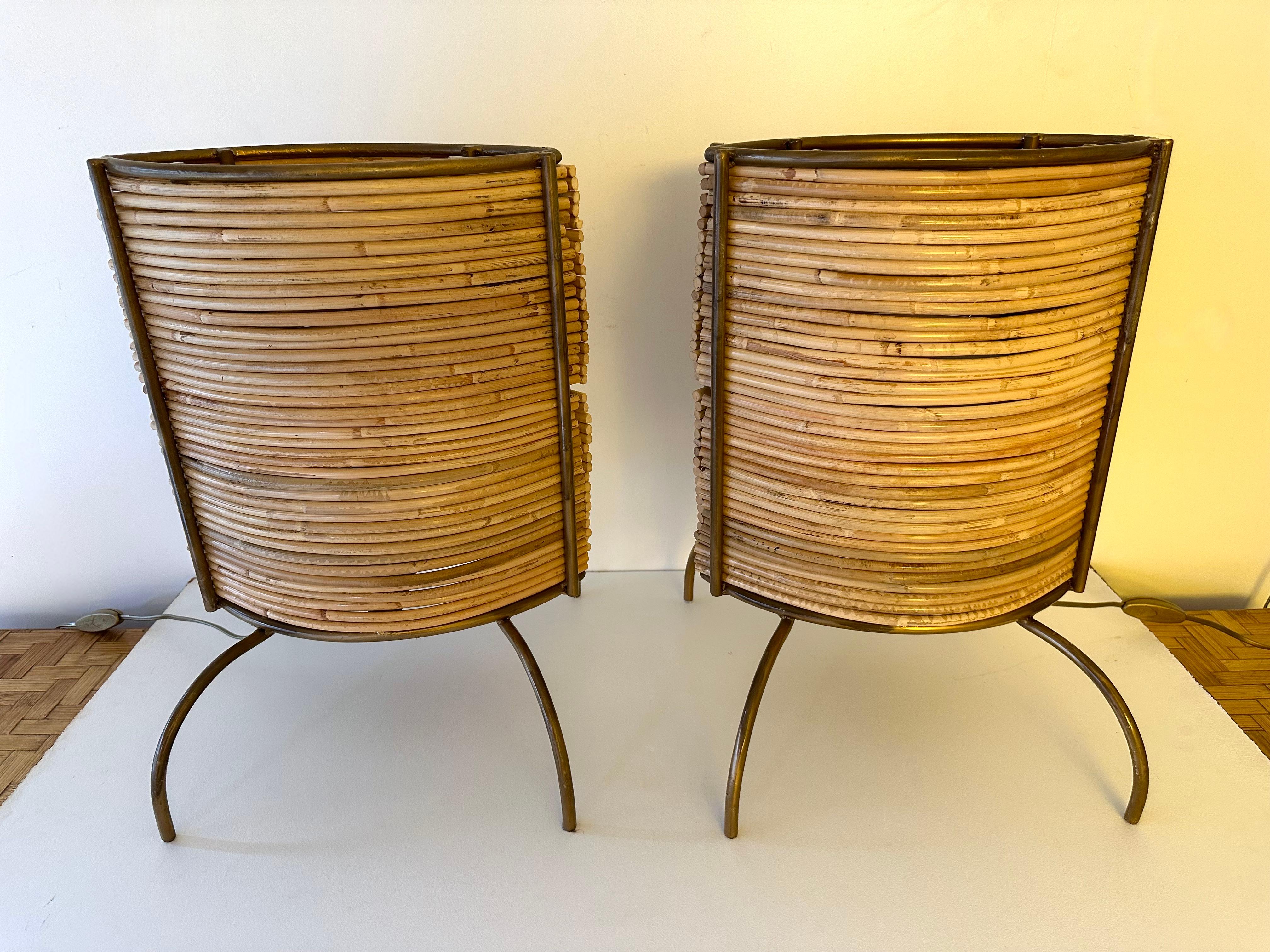 Pair of Rattan and Gilt Metal Lamps. Italy, 2000s For Sale 6