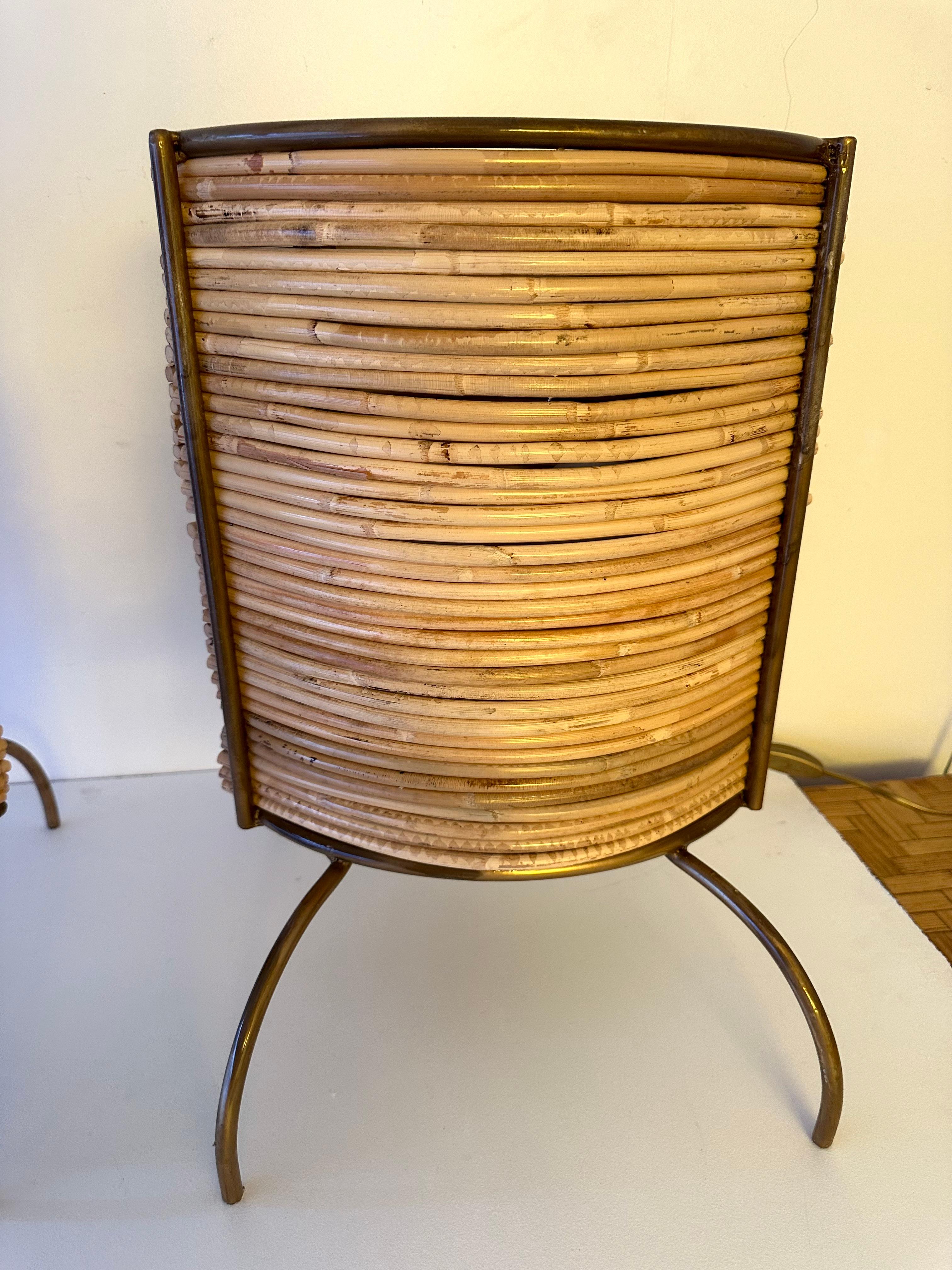 Pair of Rattan and Gilt Metal Lamps. Italy, 2000s For Sale 7