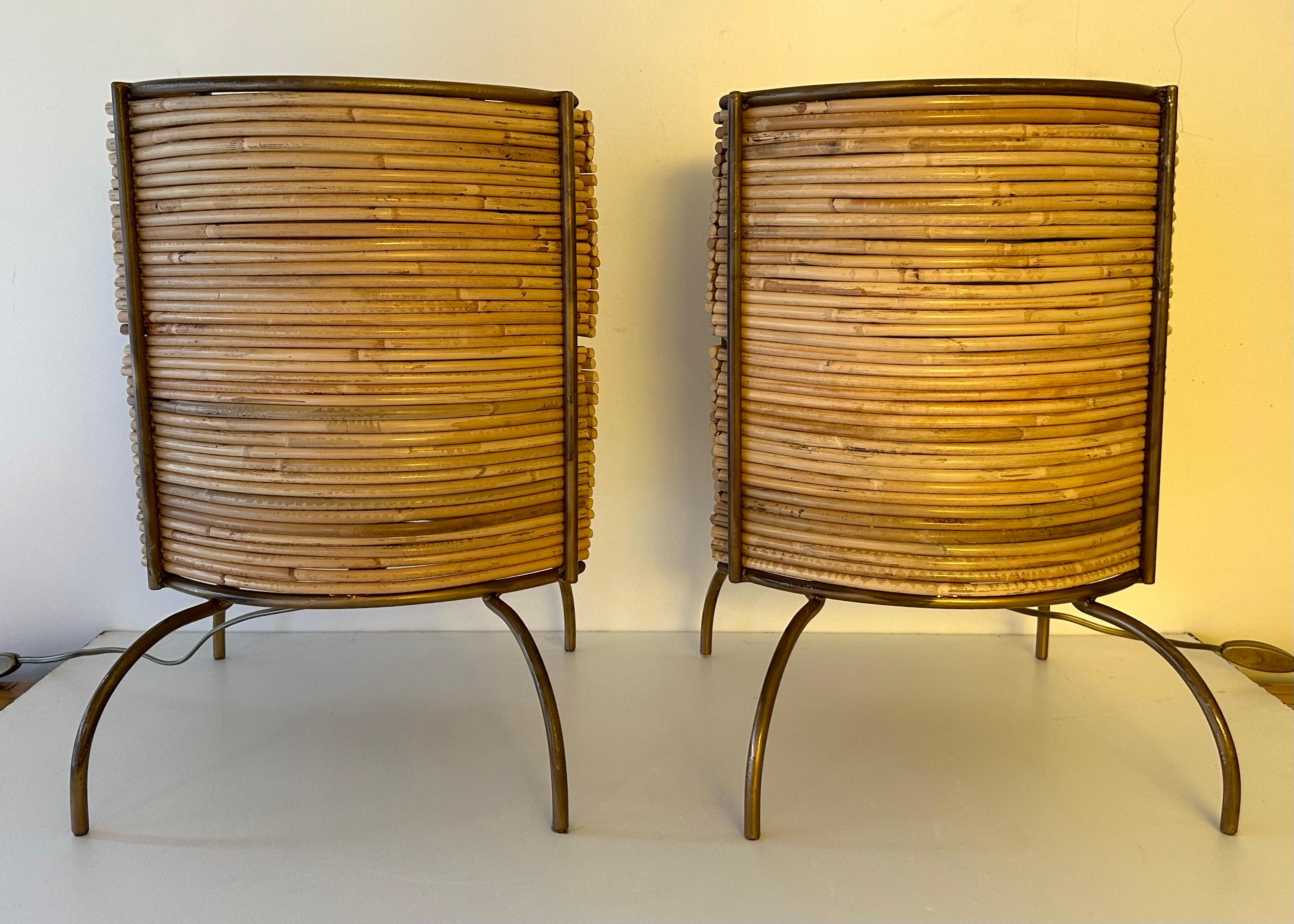 Bamboo Pair of Rattan and Gilt Metal Lamps. Italy, 2000s For Sale