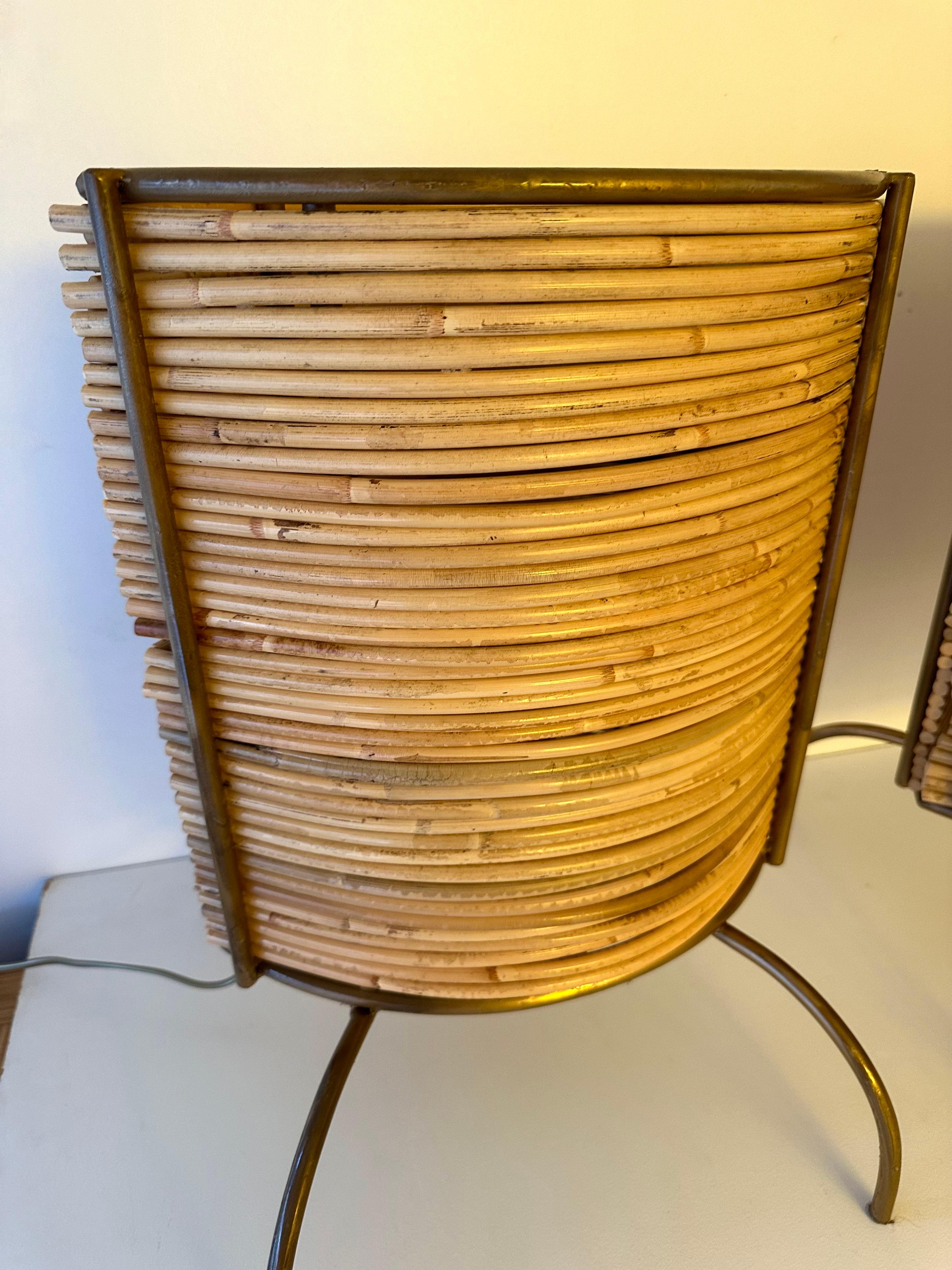 Pair of Rattan and Gilt Metal Lamps. Italy, 2000s For Sale 1