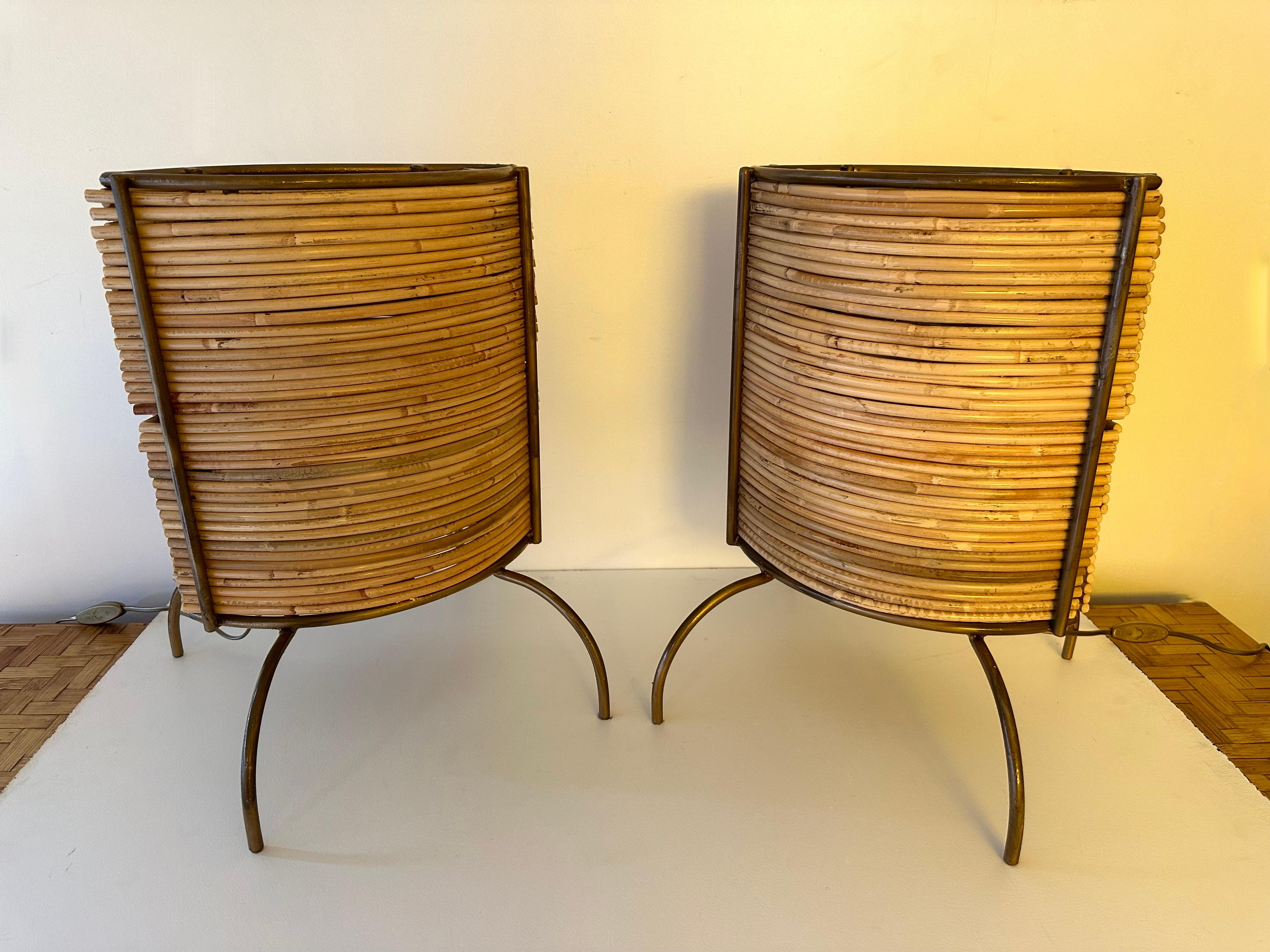 Pair of Rattan and Gilt Metal Lamps. Italy, 2000s For Sale 2
