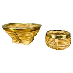 Pair of rattan and golden brass bowls, Italy, 1960's