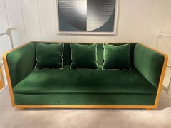 Pair of Rattan and Green Velvet Sofas, Italy, 1970