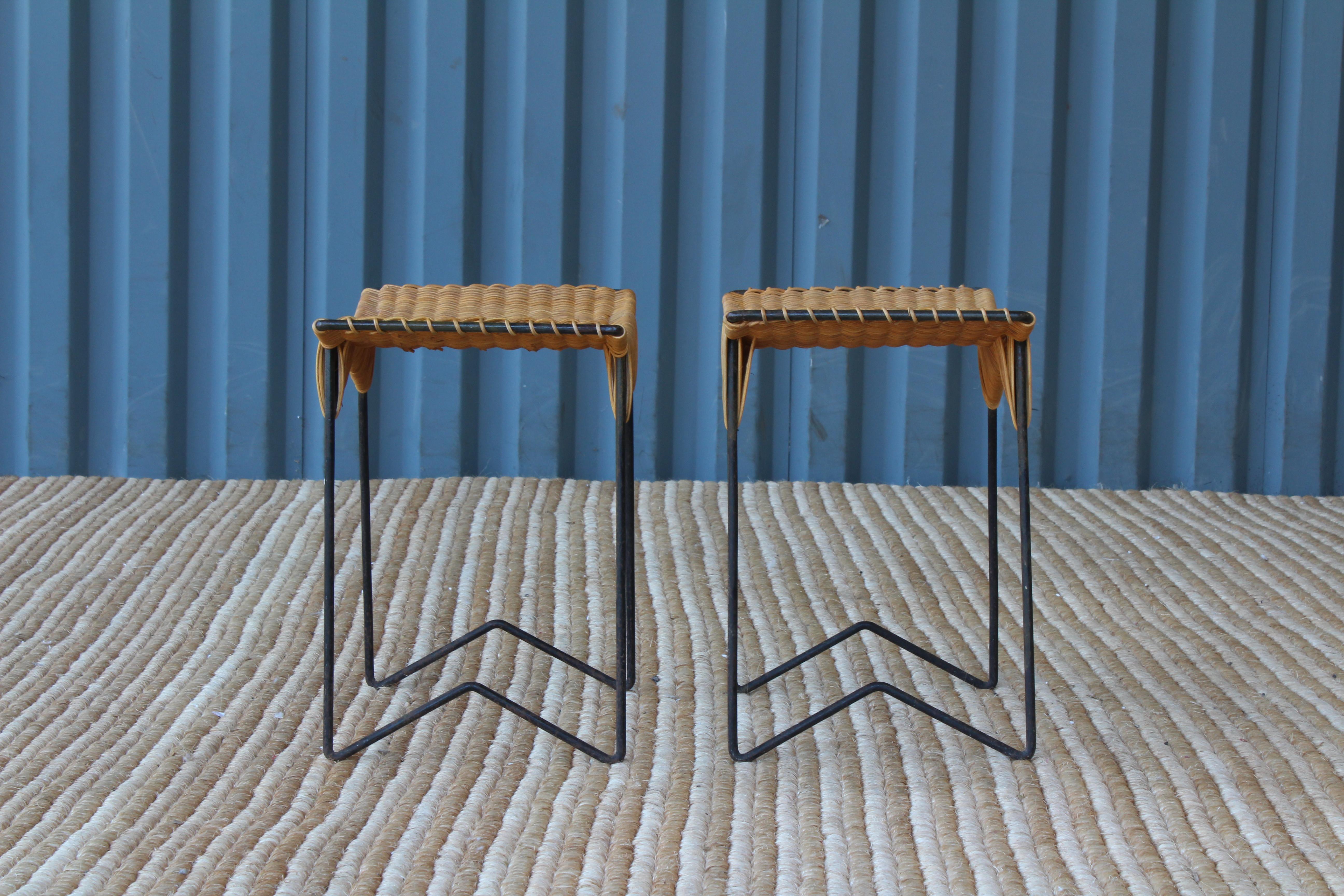 Mid-Century Modern Pair of Rattan and Iron Stools, France, 1950s