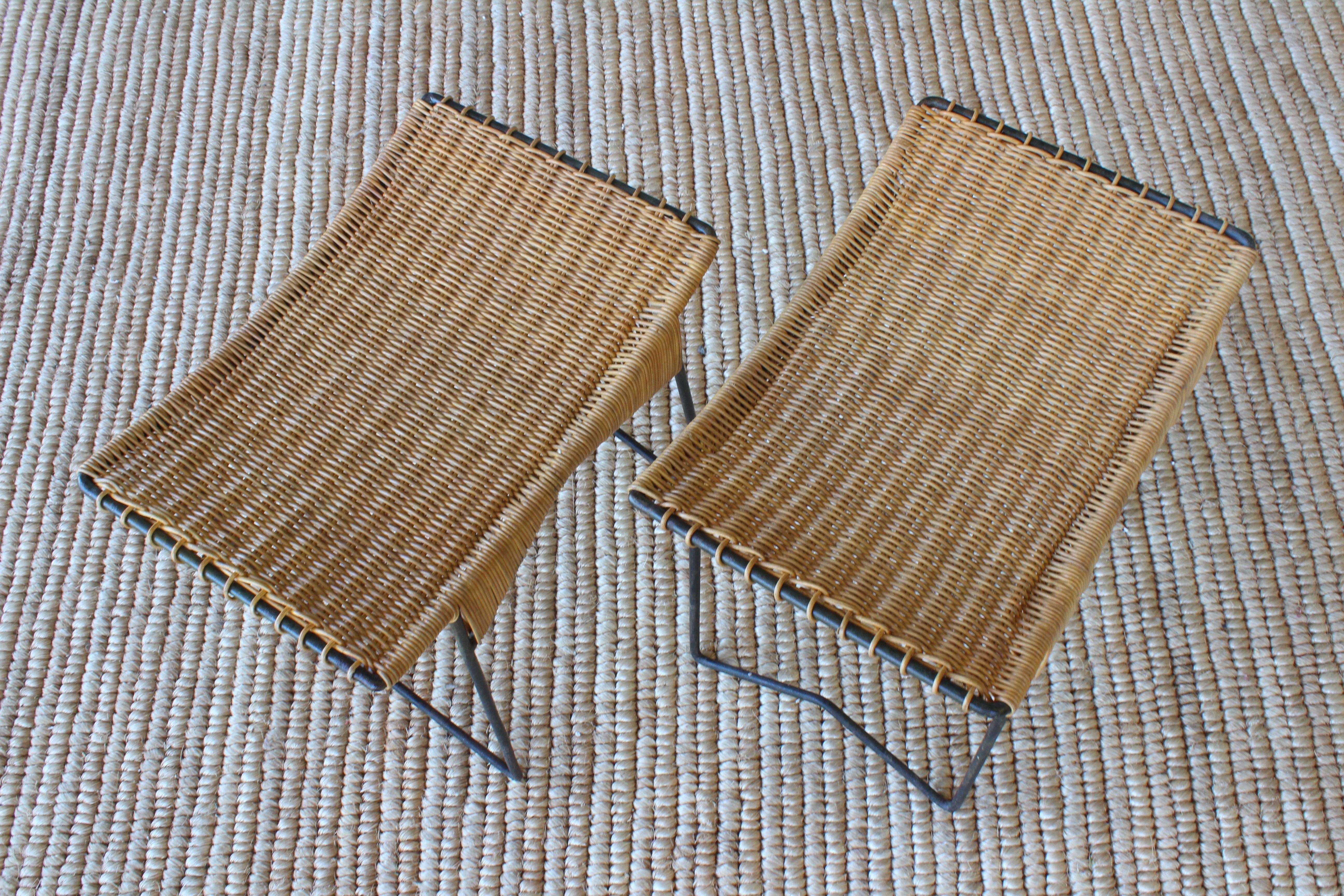 French Pair of Rattan and Iron Stools, France, 1950s