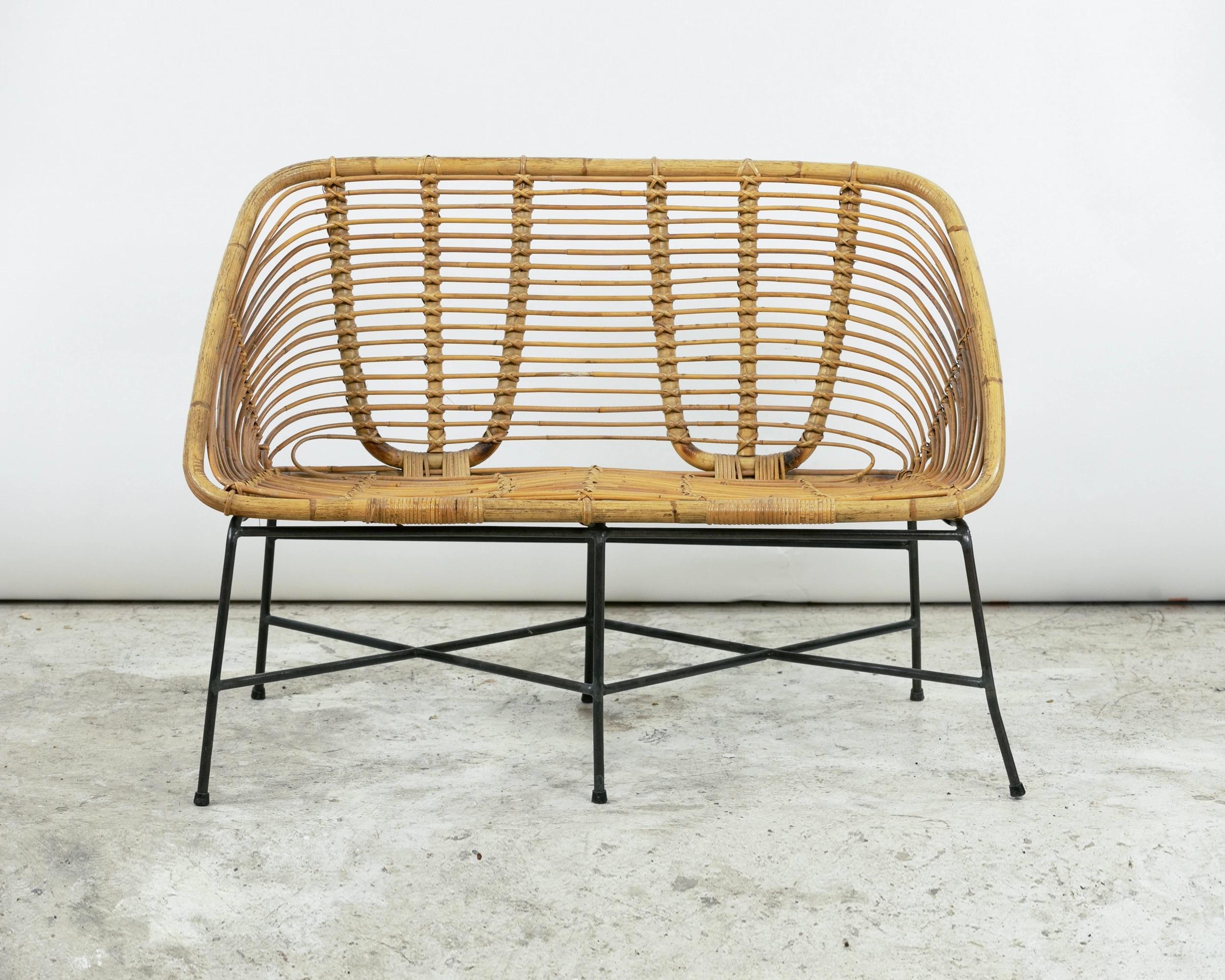 French Pair of rattan and lacquered iron bench seats, France, circa 1950 For Sale