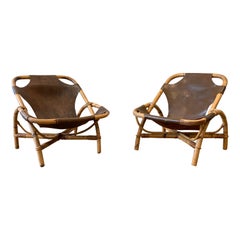 Pair of Rattan and Leather Armchairs, 1970s