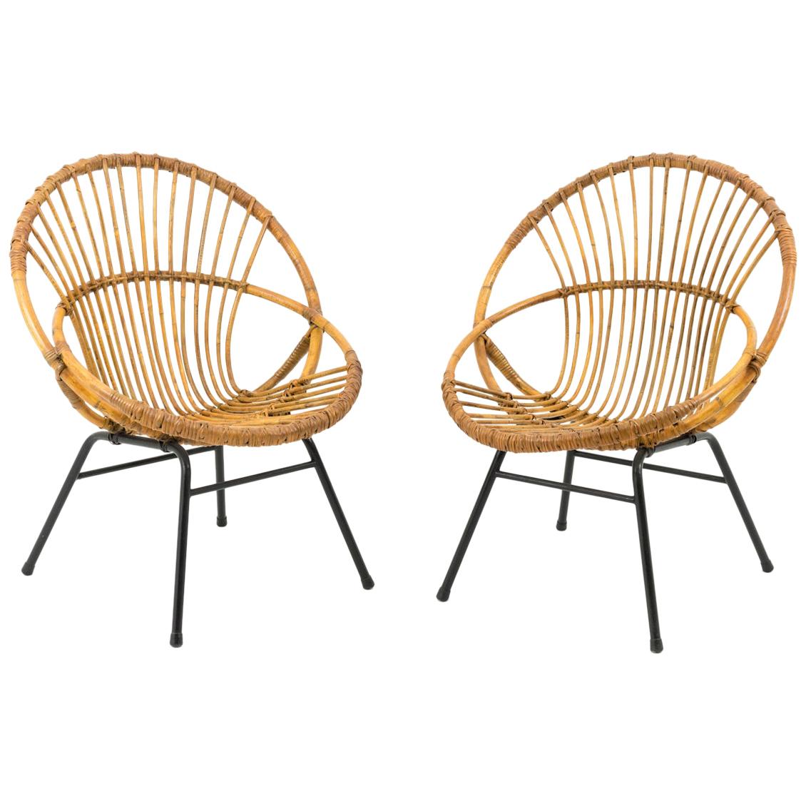 Pair of Wicker and Metal Armchairs, Shell Shape, 1960s