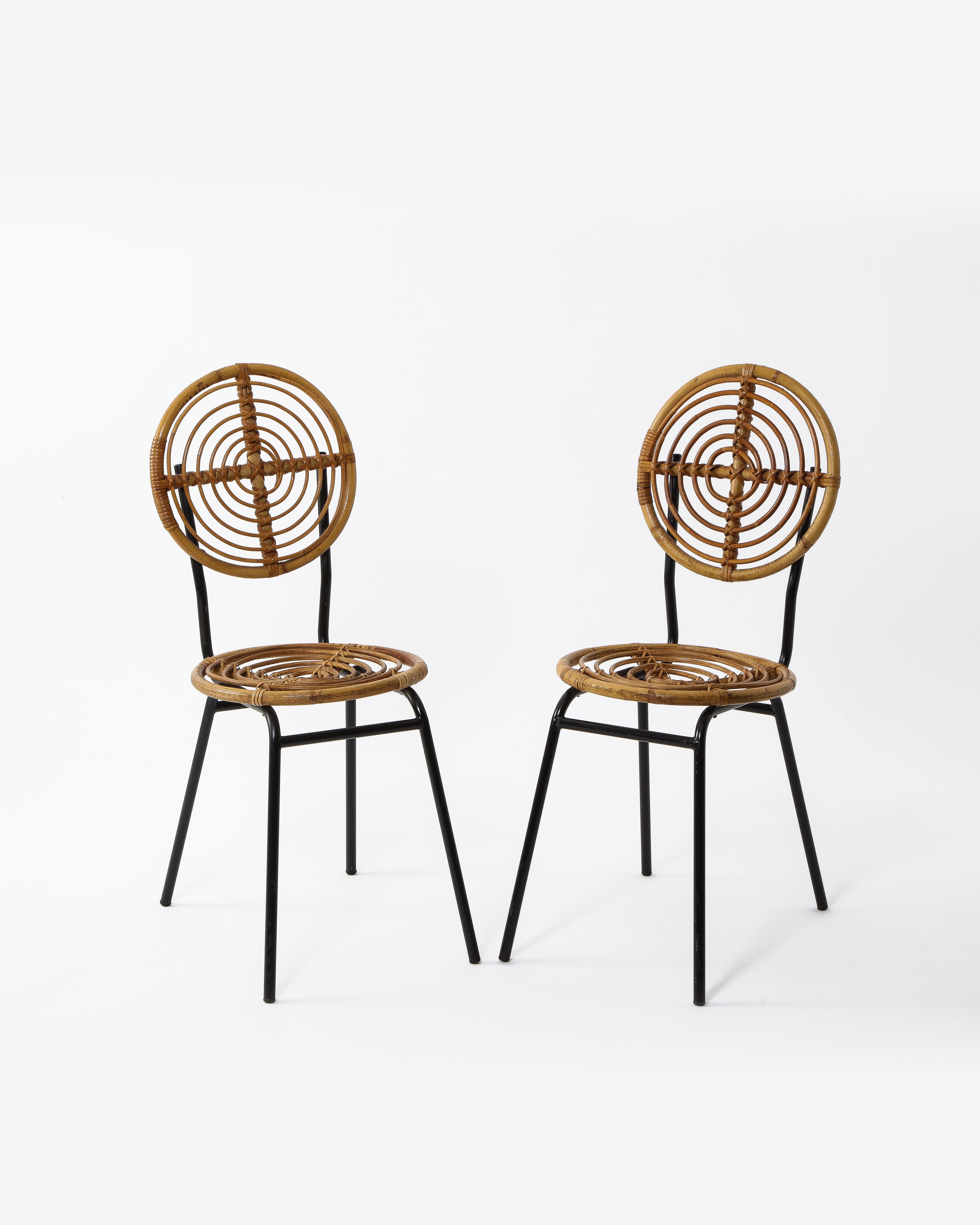 Mid-Century Modern Pair of Rattan and Metal Disc Chairs, France, 1950s