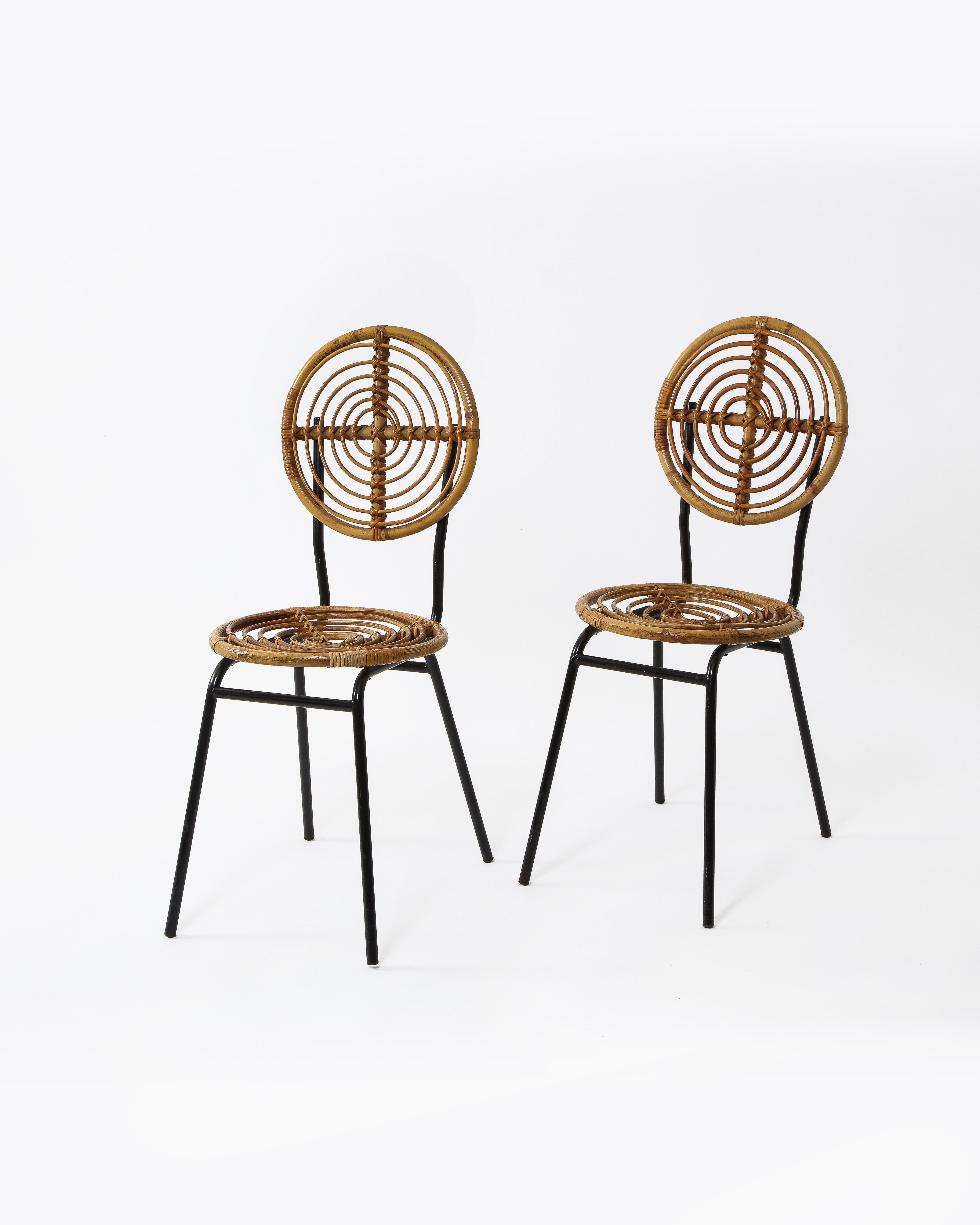 French Pair of Rattan and Metal Disc Chairs, France, 1950s