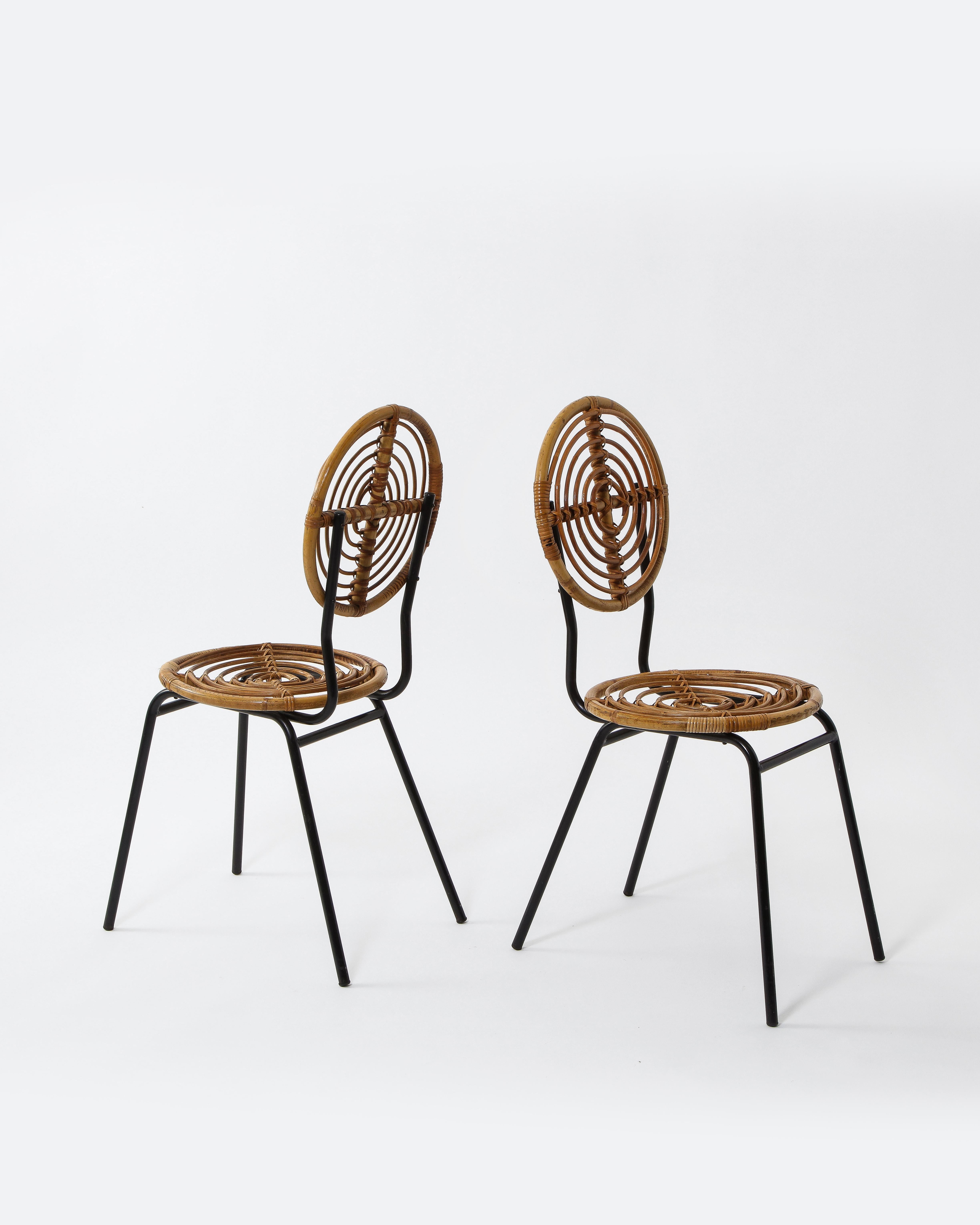 Pair of Rattan and Metal Disc Chairs, France, 1950s In Good Condition In New York, NY