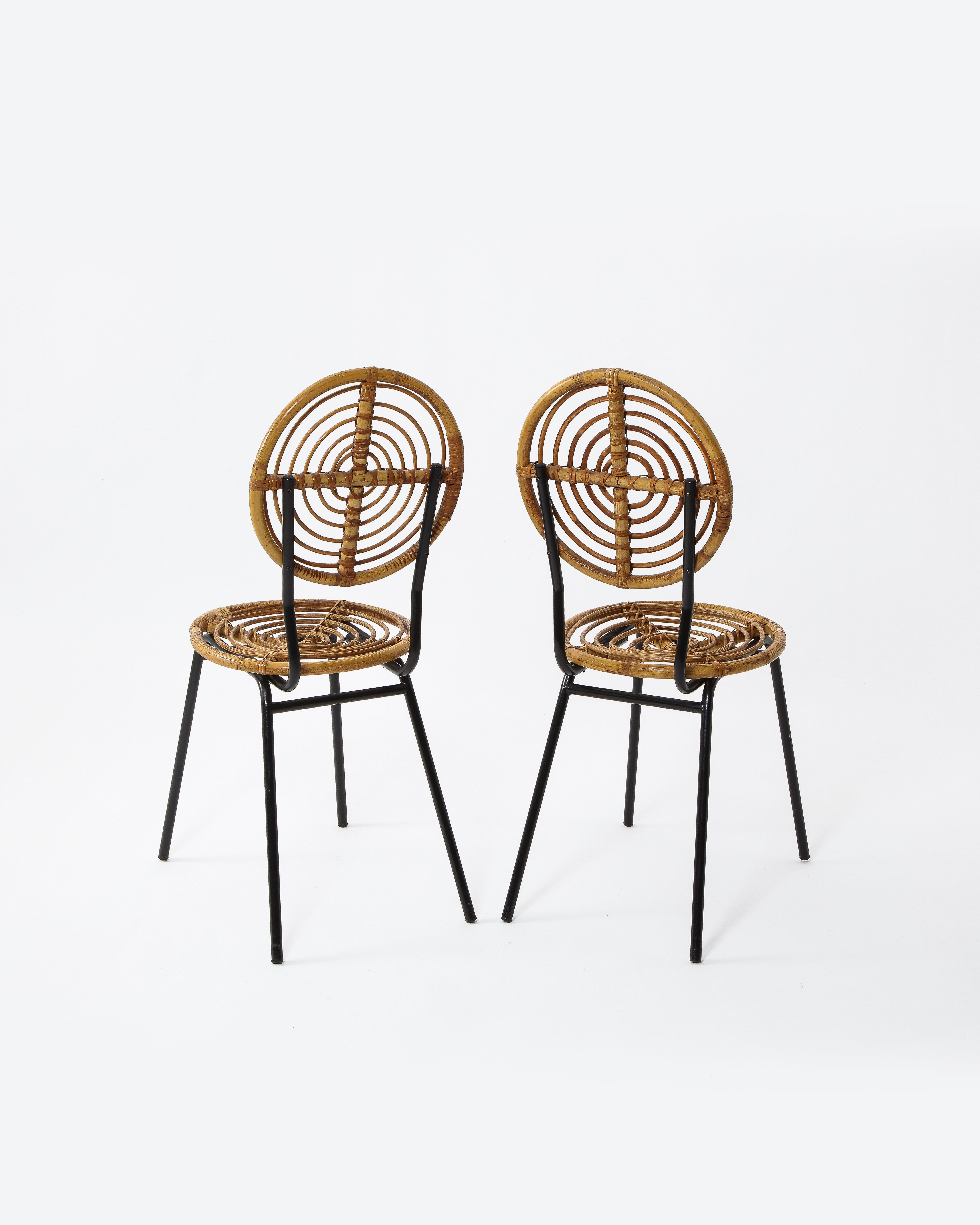 Pair of Rattan and Metal Disc Chairs, France, 1950s 1