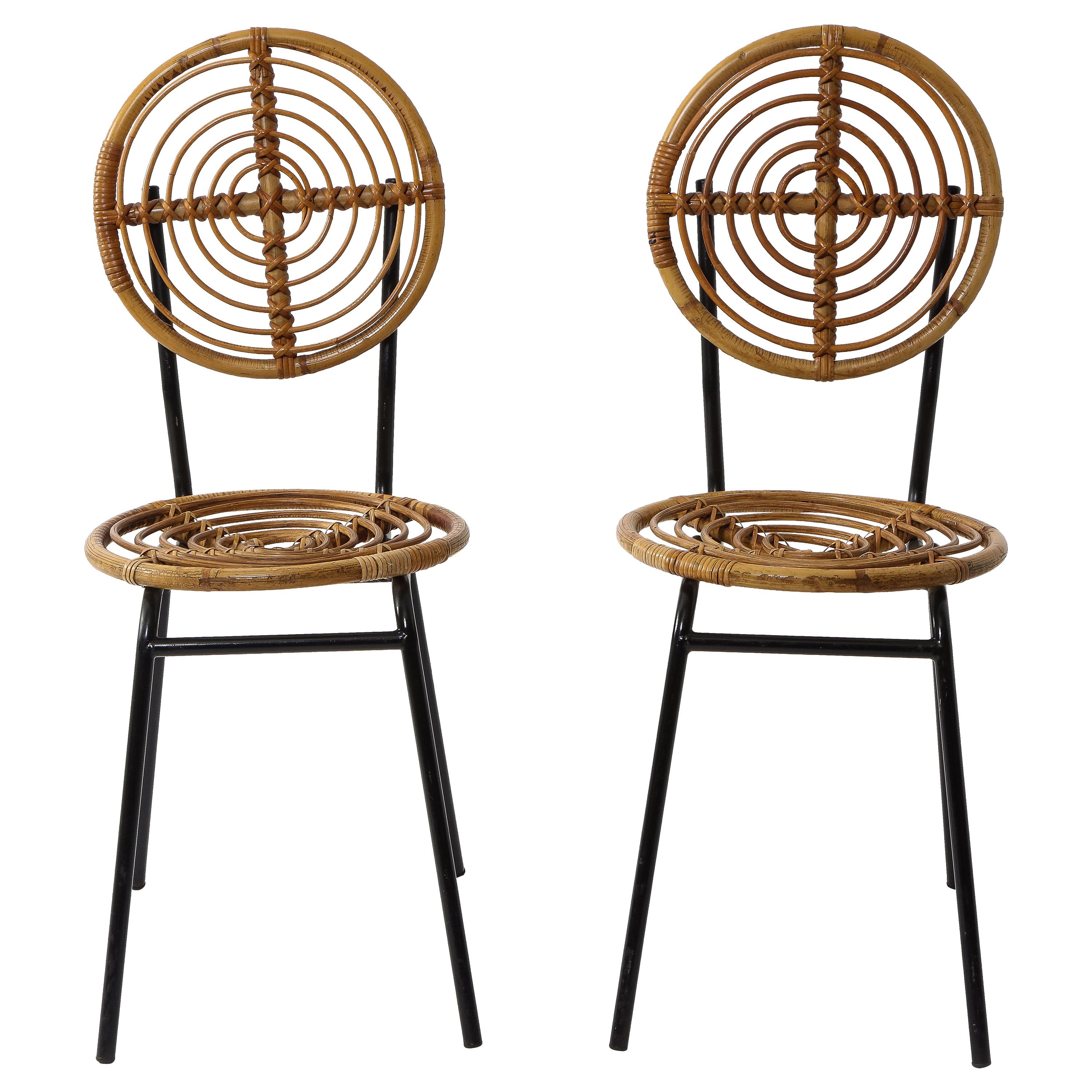 Pair of Rattan and Metal Disc Chairs, France, 1950s