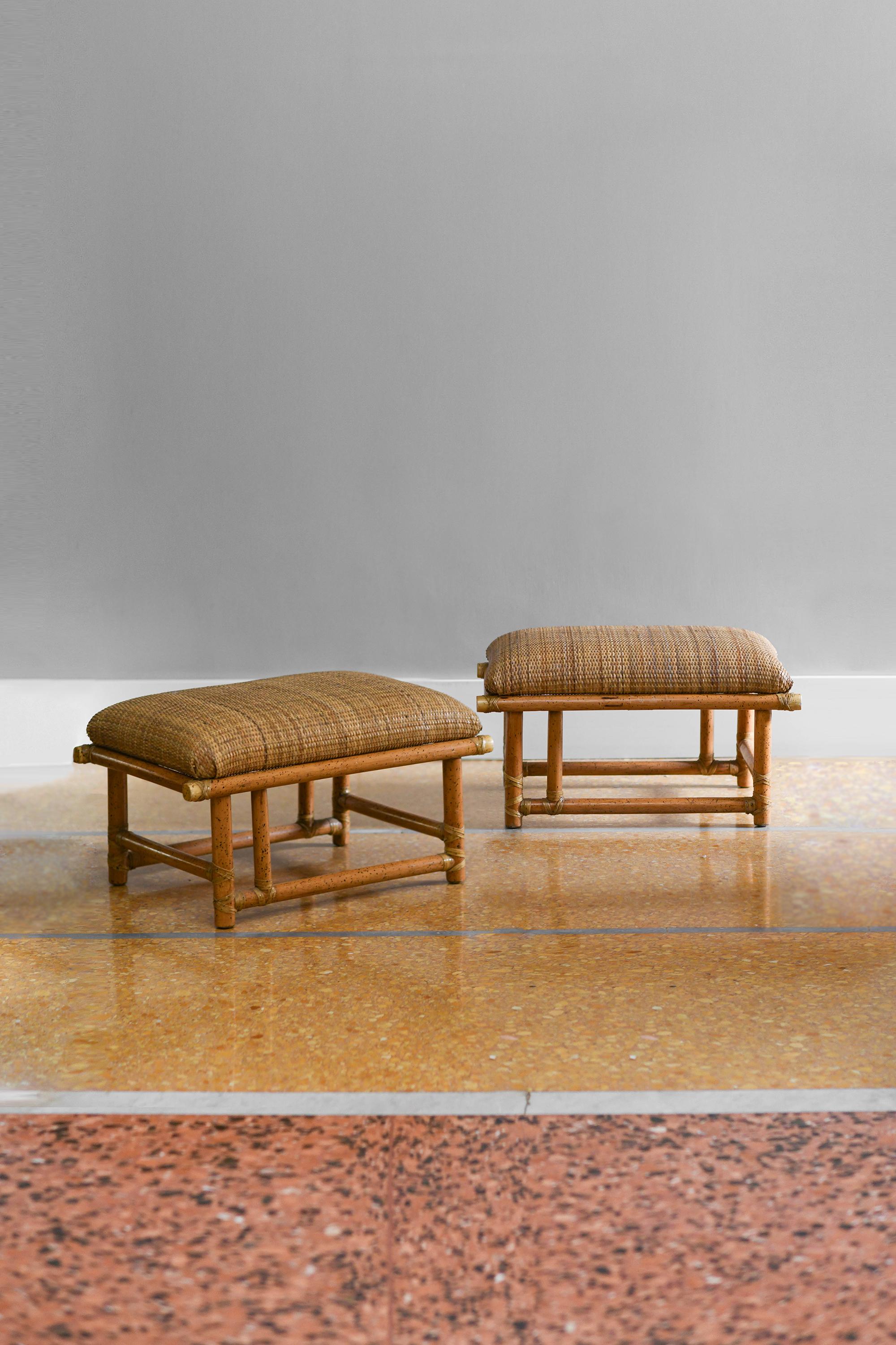 Pair of rattan and rush poufs with leather bindings, Prod. McGuire, San Francisco 1970
Product details
Dimensions: 65 W x 35 H x 43 D
Production: McGuire, San Francisco 1970
Sold as set of 2