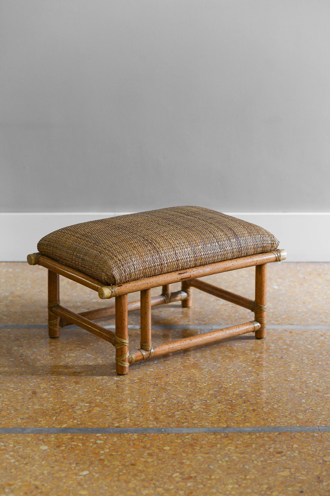 American Pair of rattan and rush poufs with leather bindings, Prod. McGuire San Francisco