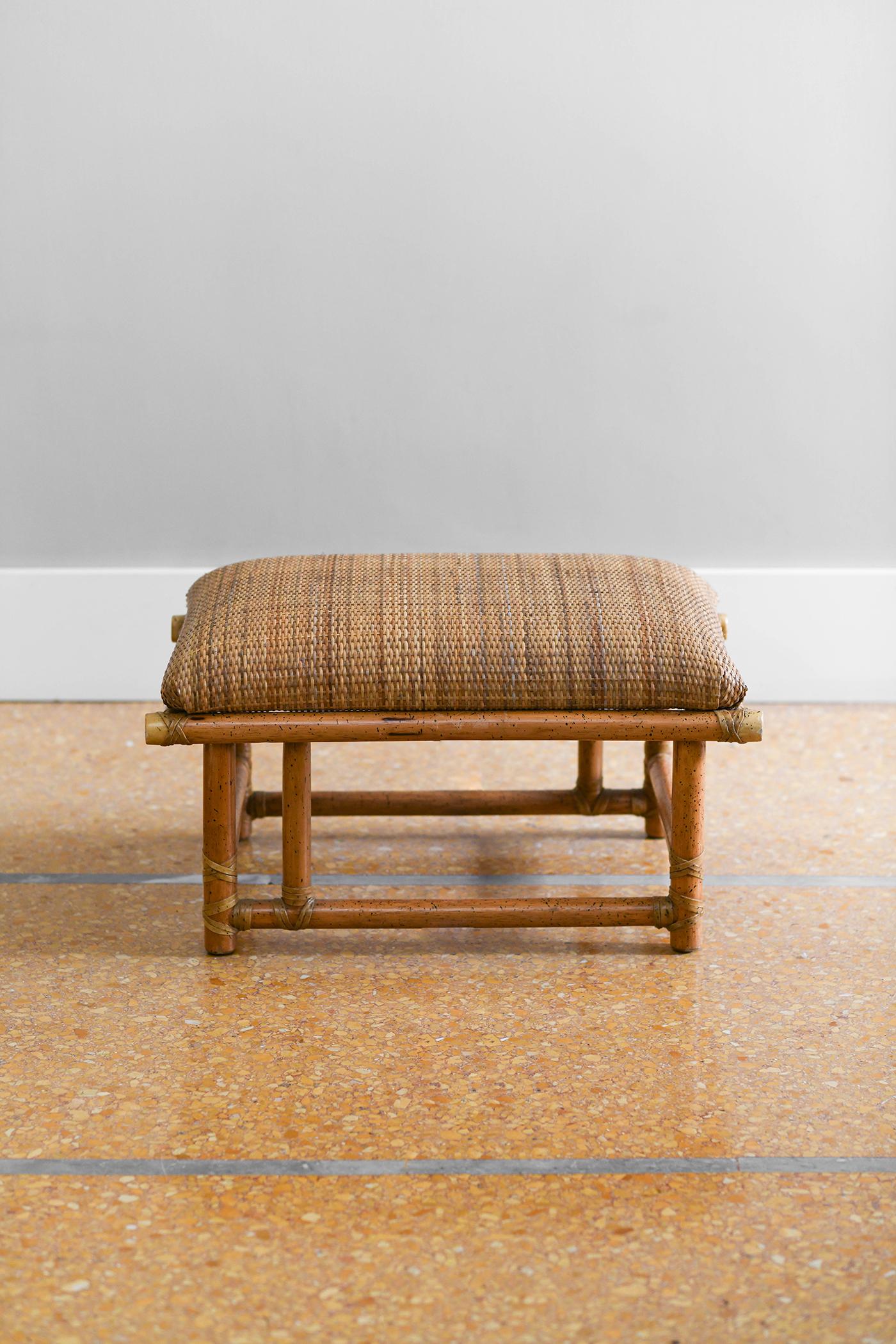 Pair of rattan and rush poufs with leather bindings, Prod. McGuire San Francisco 2