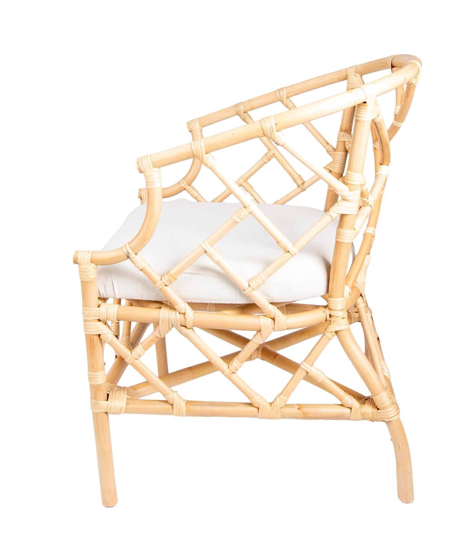 Contemporary Pair of Rattan and Wicker Armchairs with White Cushions For Sale
