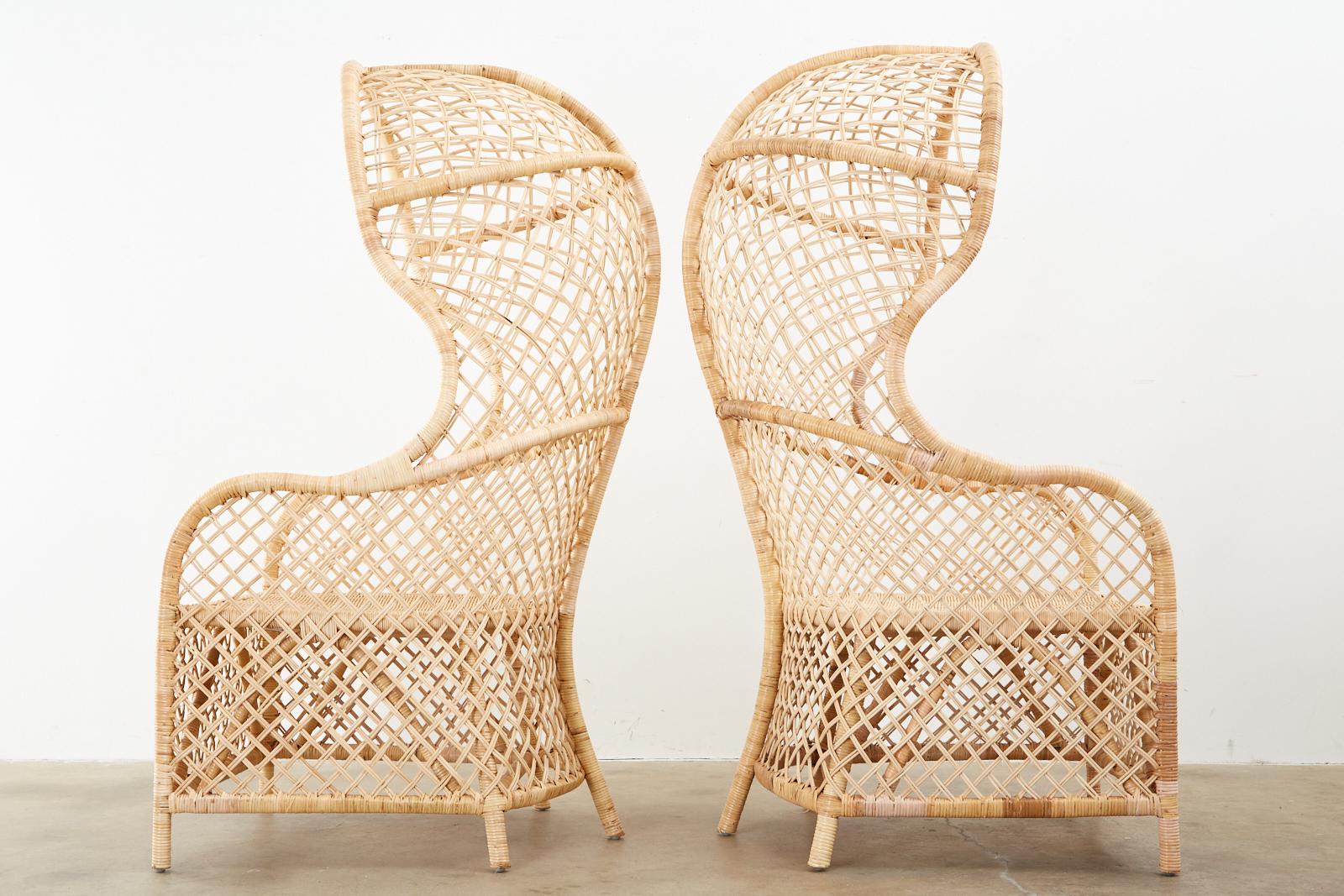 Organic Modern Pair of Rattan and Wicker Hooded Porters Chairs