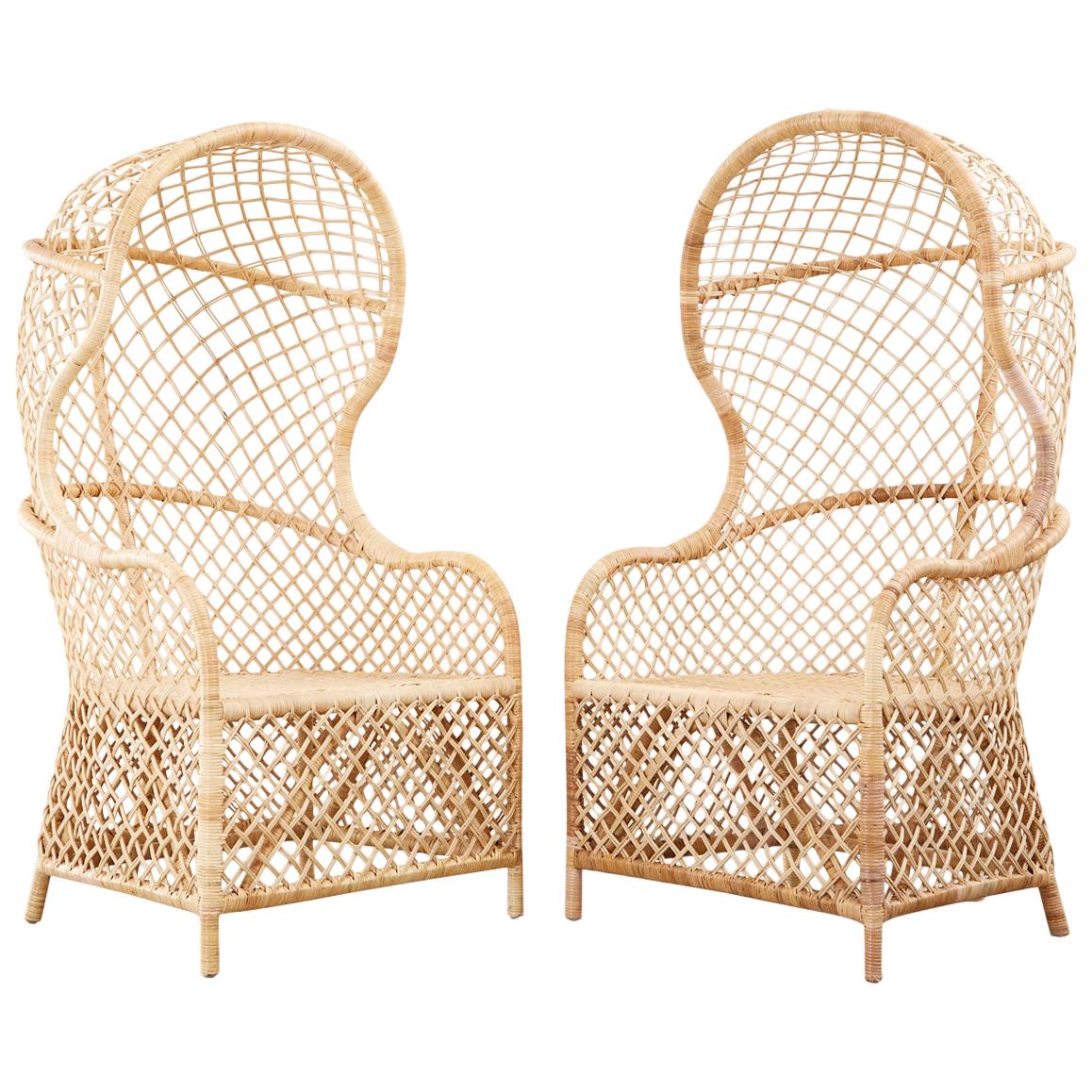 Pair of Rattan and Wicker Hooded Porters Chairs