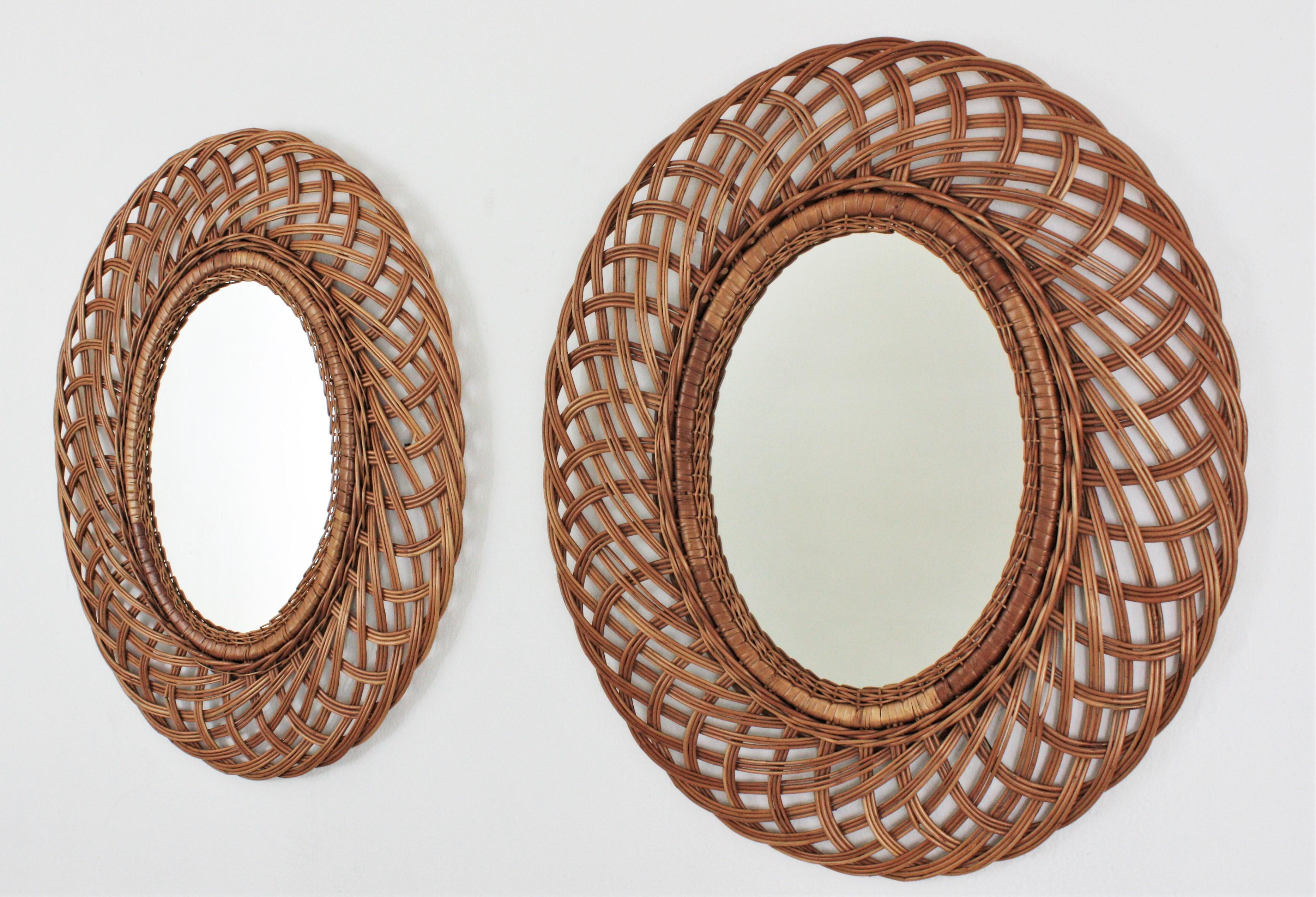 Pair of Rattan and Wicker Oval Mirrors, Spain, 1960s 4