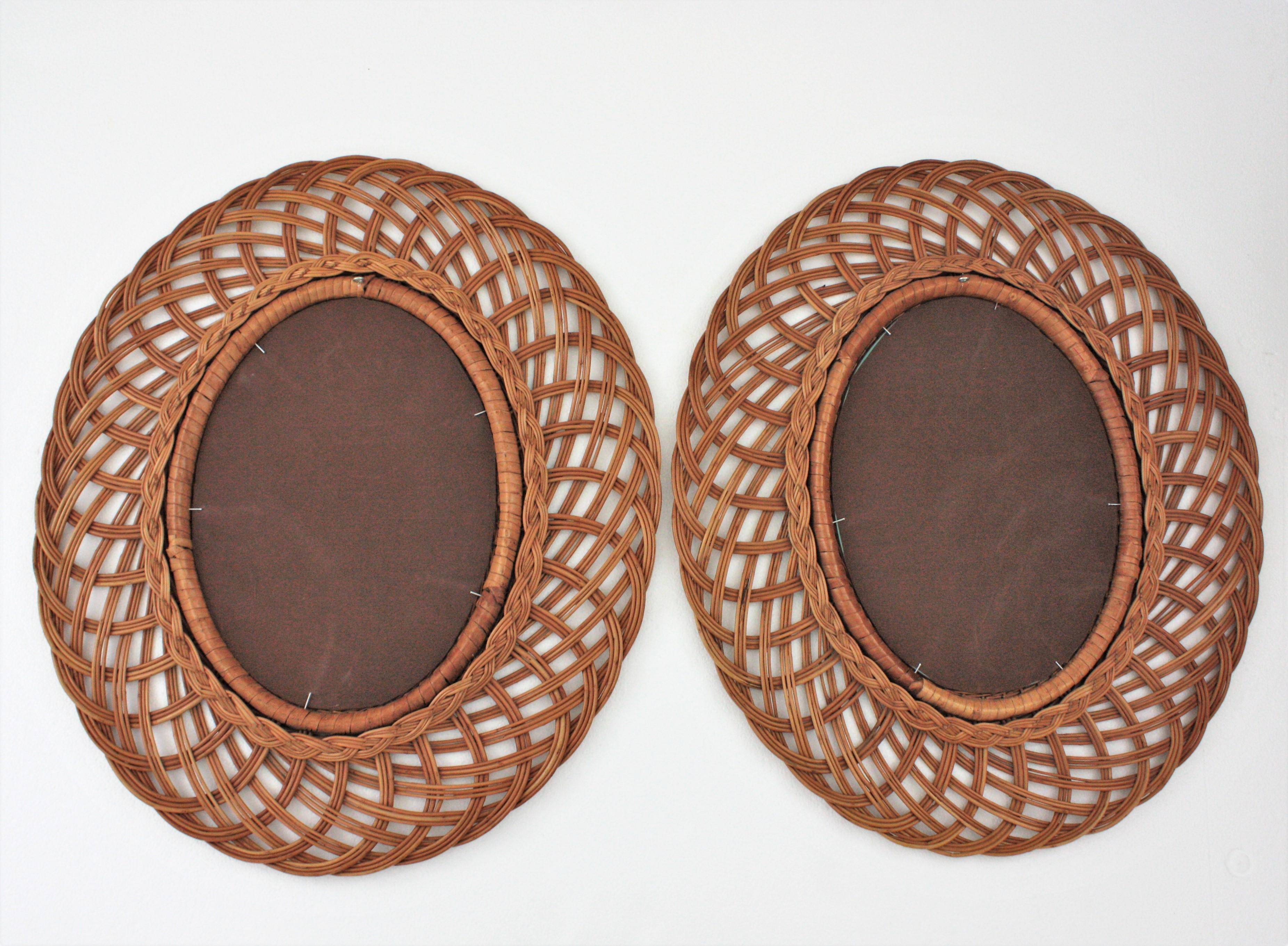 Pair of Rattan and Wicker Oval Mirrors, Spain, 1960s 5