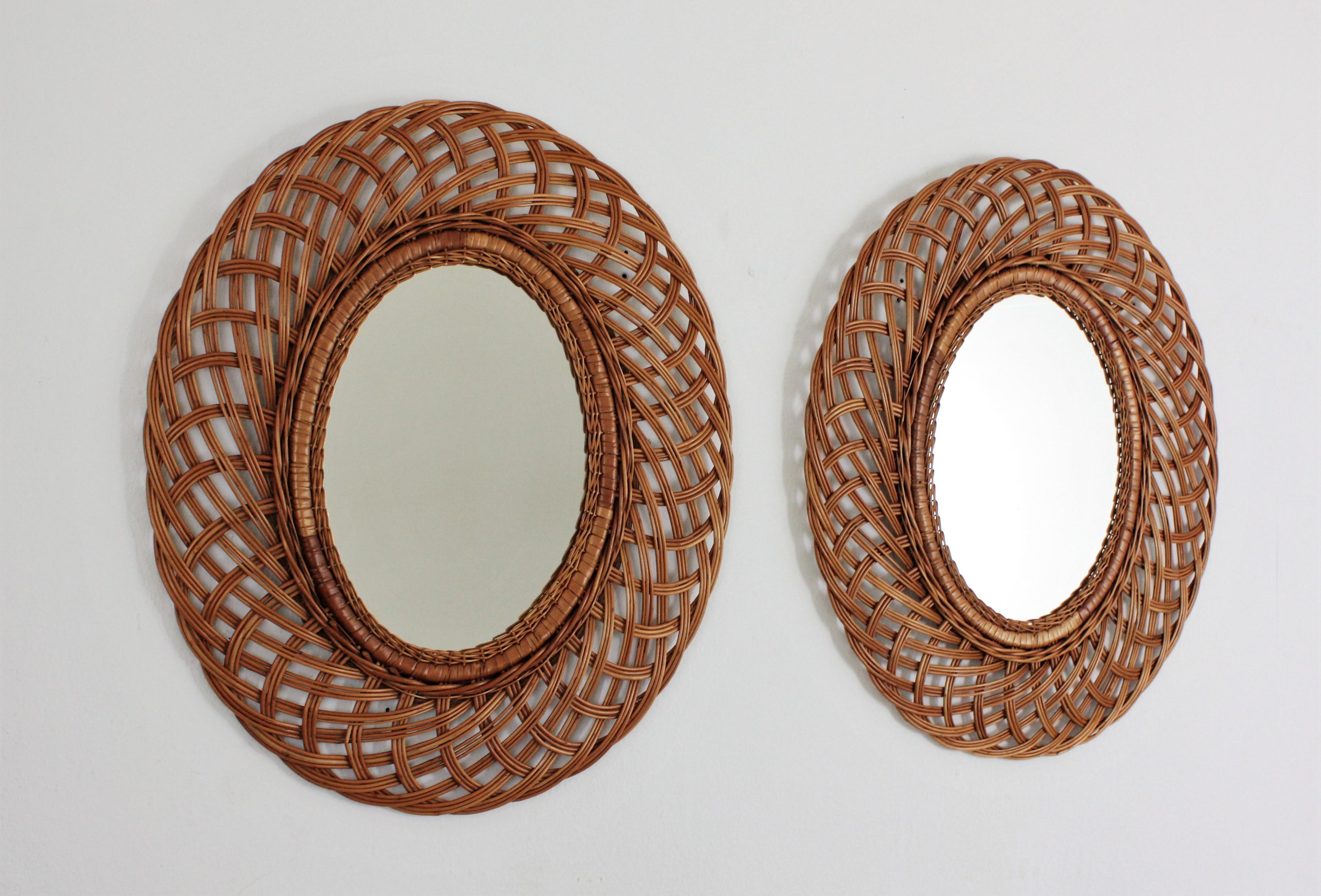 Pair of Rattan and Wicker Oval Mirrors, Spain, 1960s 6