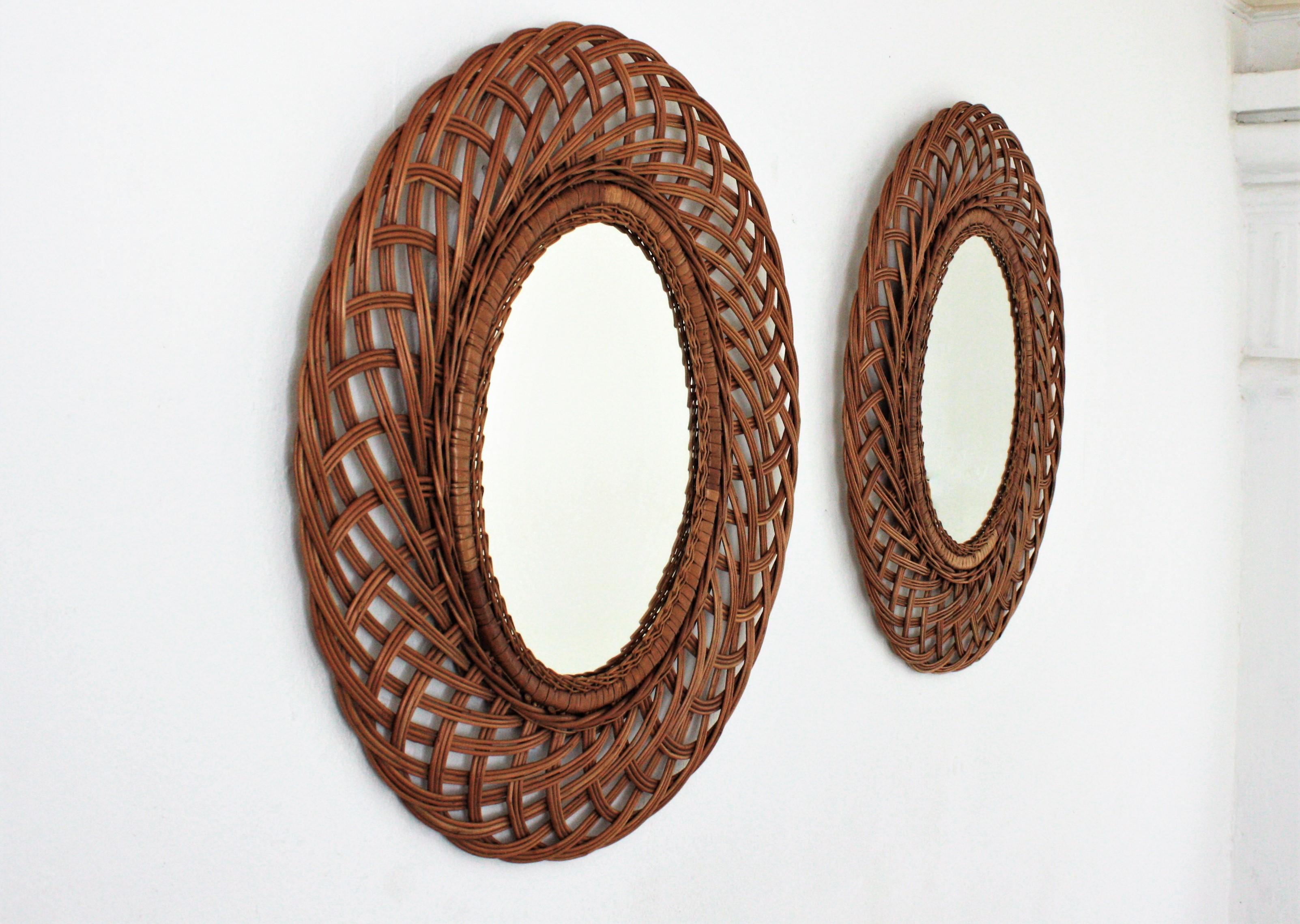 Mid-Century Modern Pair of Rattan and Wicker Oval Mirrors, Spain, 1960s