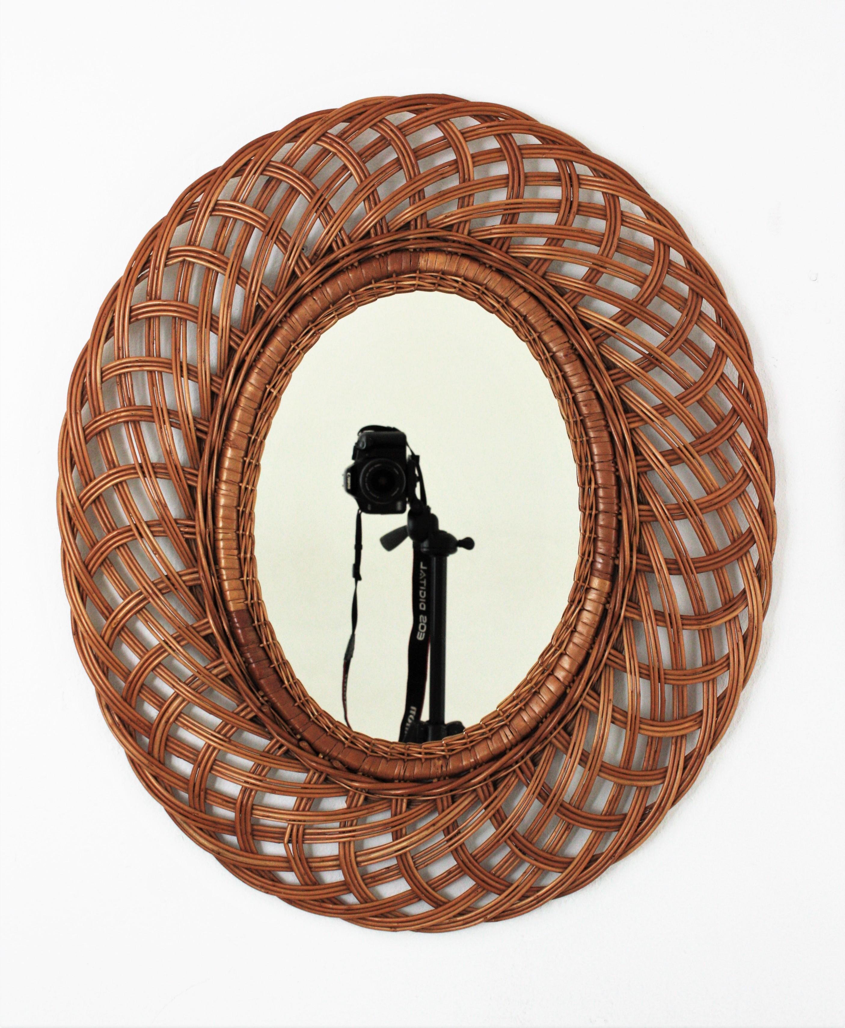 Spanish Pair of Rattan and Wicker Oval Mirrors, Spain, 1960s