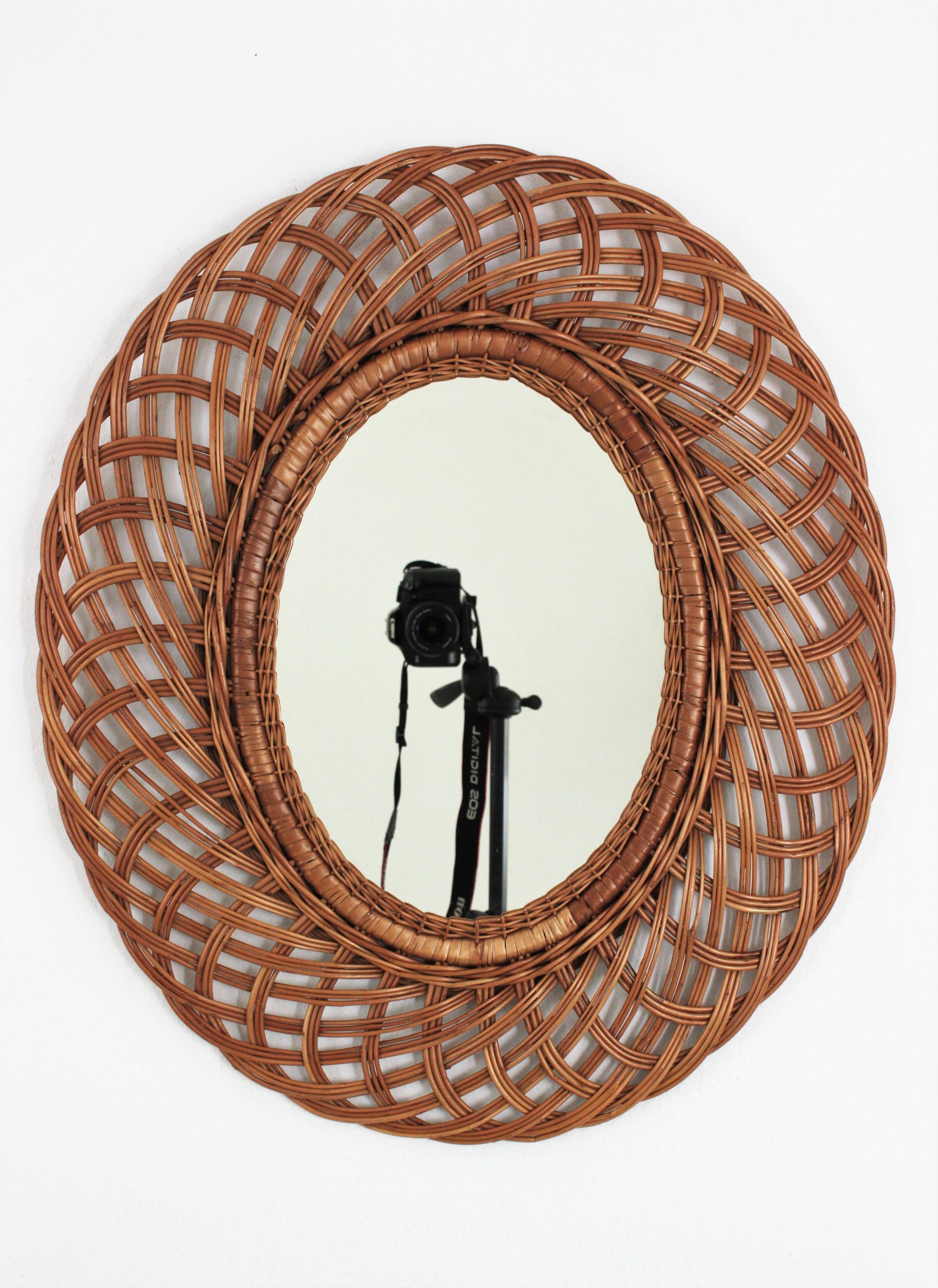 20th Century Pair of Rattan and Wicker Oval Mirrors, Spain, 1960s