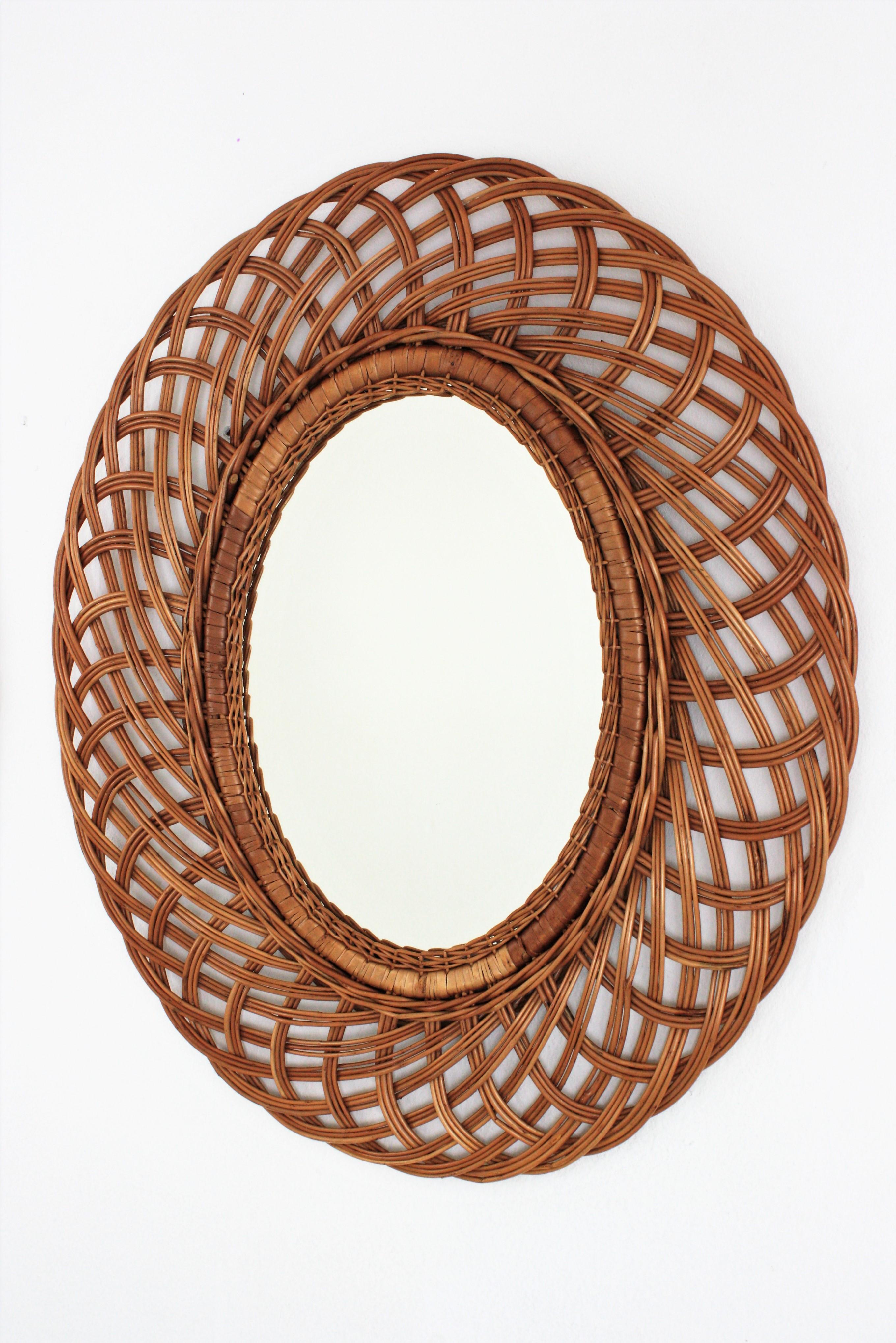 Pair of Rattan and Wicker Oval Mirrors, Spain, 1960s 1