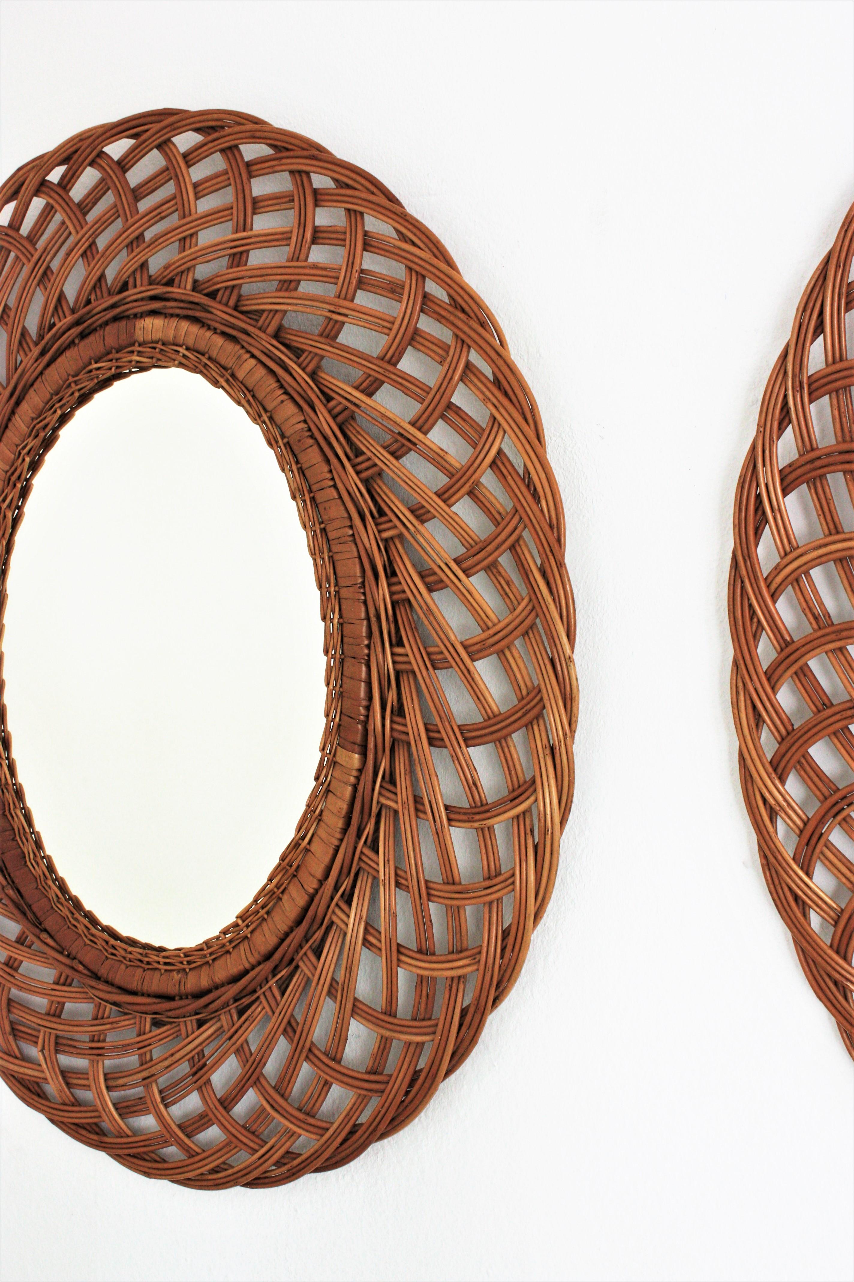 Pair of Rattan and Wicker Oval Mirrors, Spain, 1960s 3