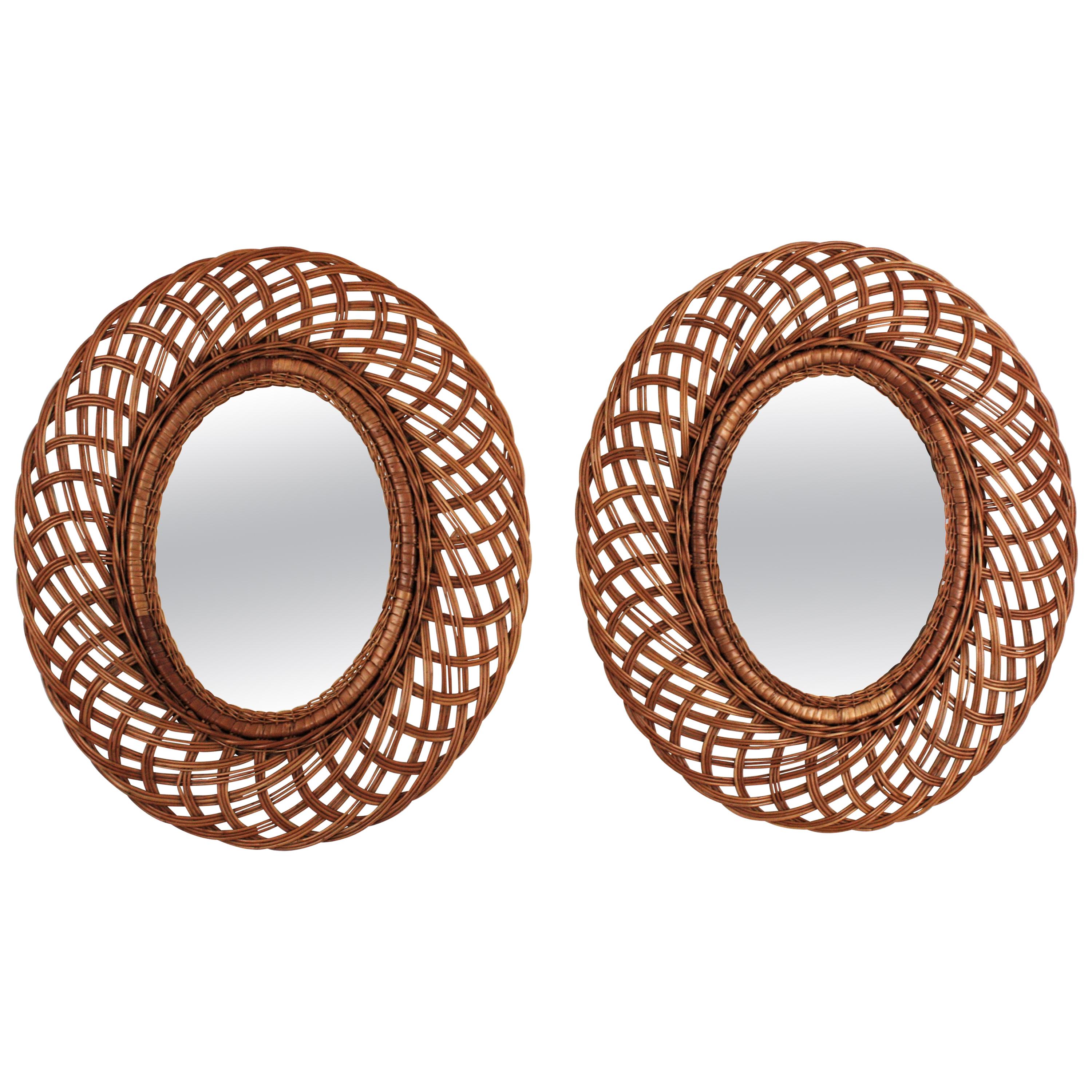 Pair of Rattan and Wicker Oval Mirrors, Spain, 1960s