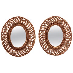 Pair of Rattan and Wicker Oval Mirrors, Spain, 1960s