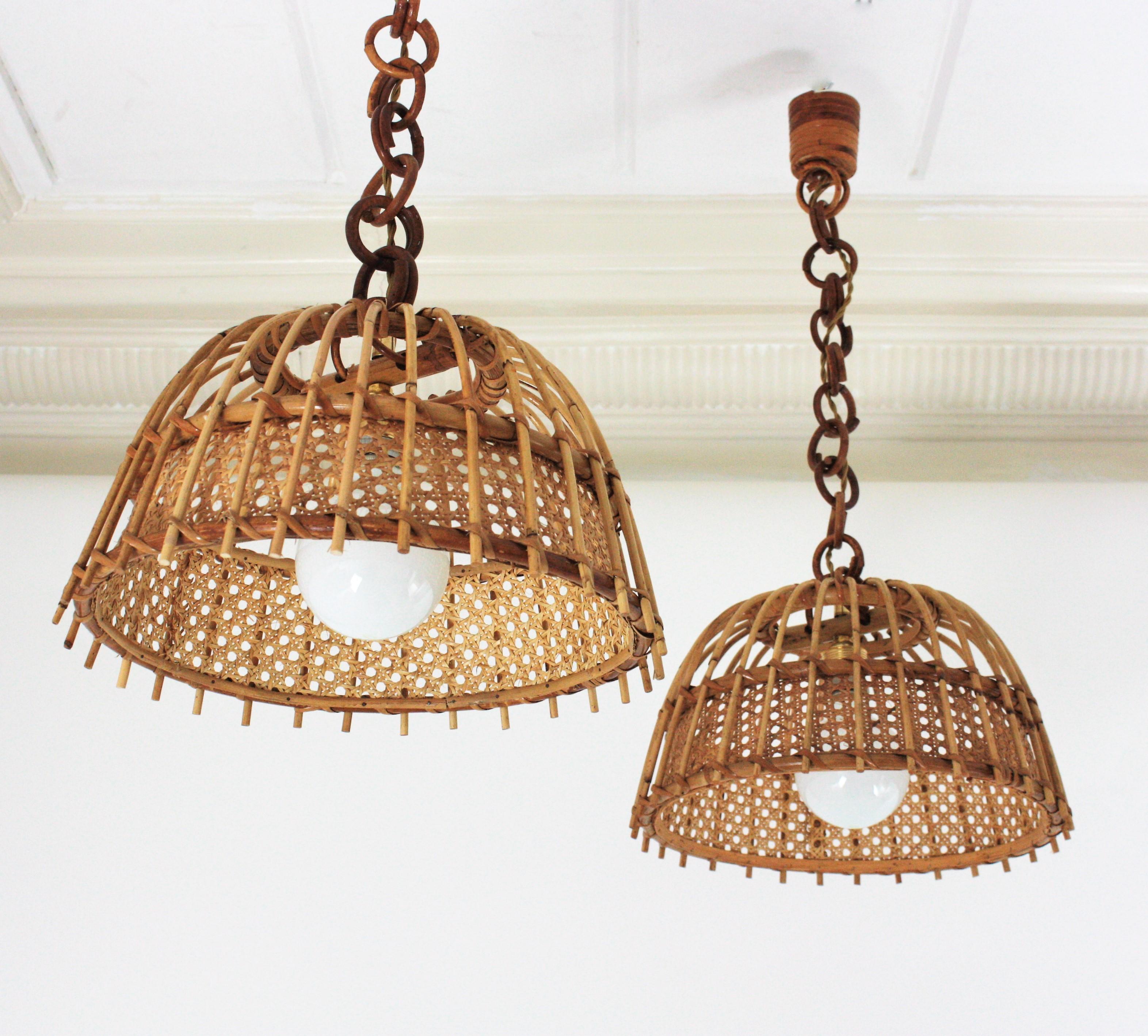 Pair of Rattan and Wicker Wire Bell Pendants or Hanging Lights, 1960s 2