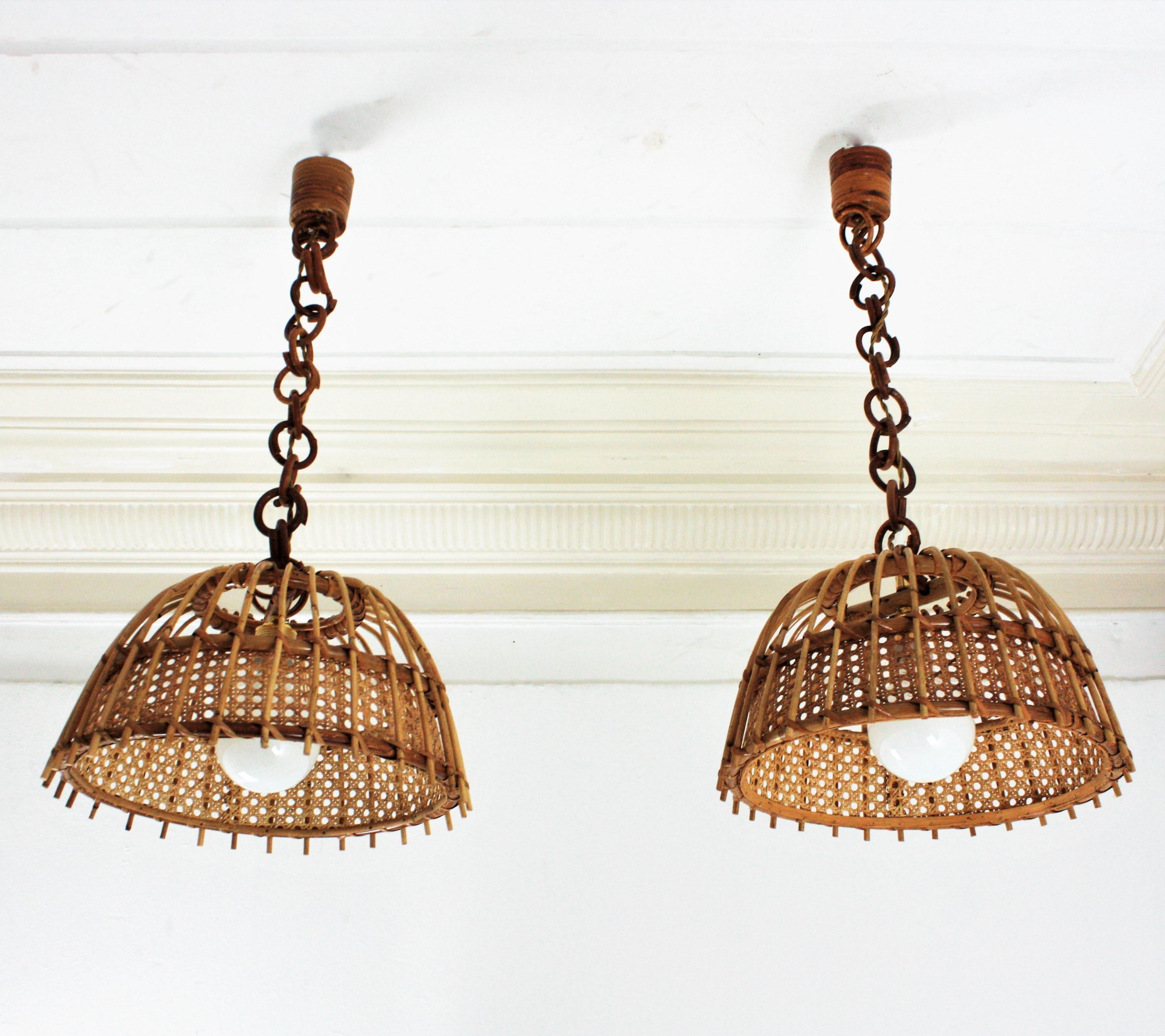 Pair of Rattan and Wicker Wire Bell Pendants or Hanging Lights, 1960s 3