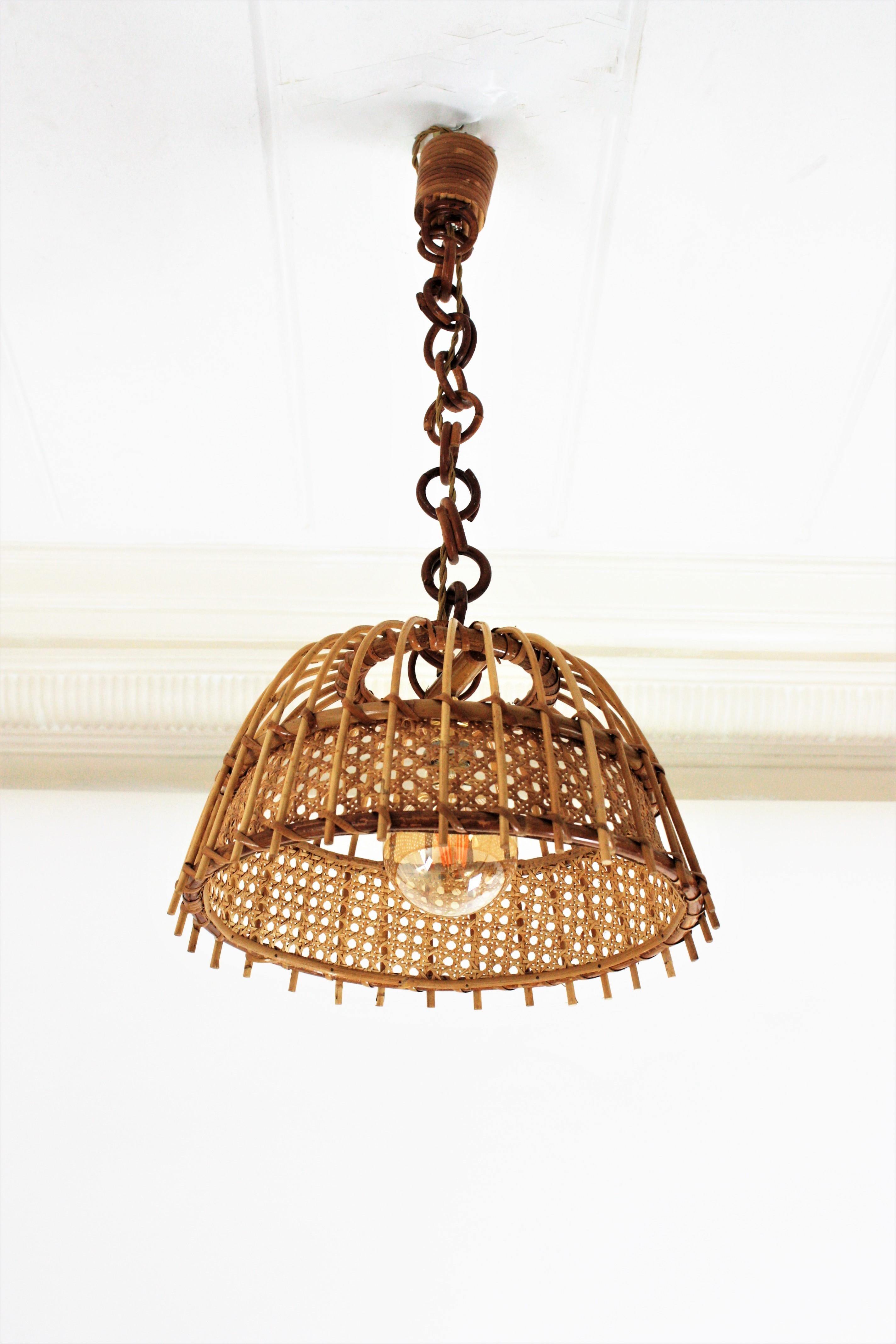 Pair of Rattan and Wicker Wire Bell Pendants or Hanging Lights, 1960s 4