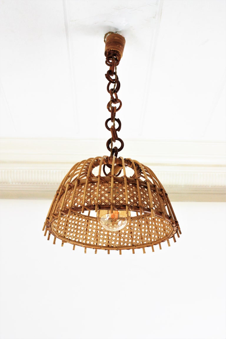 Pair of Rattan and Wicker Wire Bell Pendants or Hanging Lights, 1960s